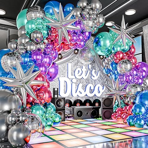 Miniatura 5 de Kit de arco de globos de discoteca todo en 1 con bolas de discoteca y estallidos de estrellas para decoraciones de fiesta de discoteca, kit de arco
