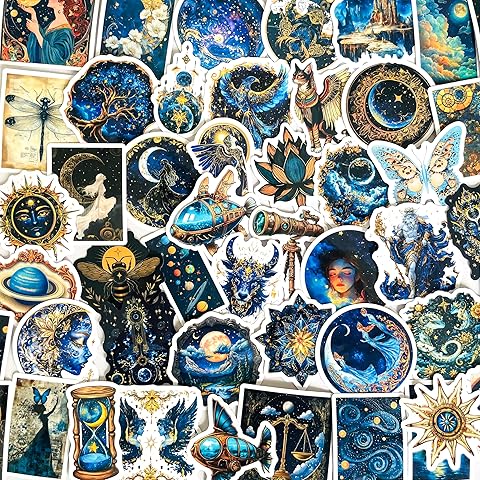 50-Piece Fantasy Celestial Cosmic Sticker – Waterproof Vinyl Lunar Space Zodiac Cosmic Astronomy Art Stickers for Scrapbooking, Journals, Laptops, Water Bottle