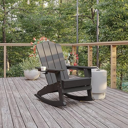 Flash Furniture Newport Adirondack Rocking Chair with Cup Holder, Weather Resistant Poly Resin Adirondack Rocking Chair, Gray, Set of 1