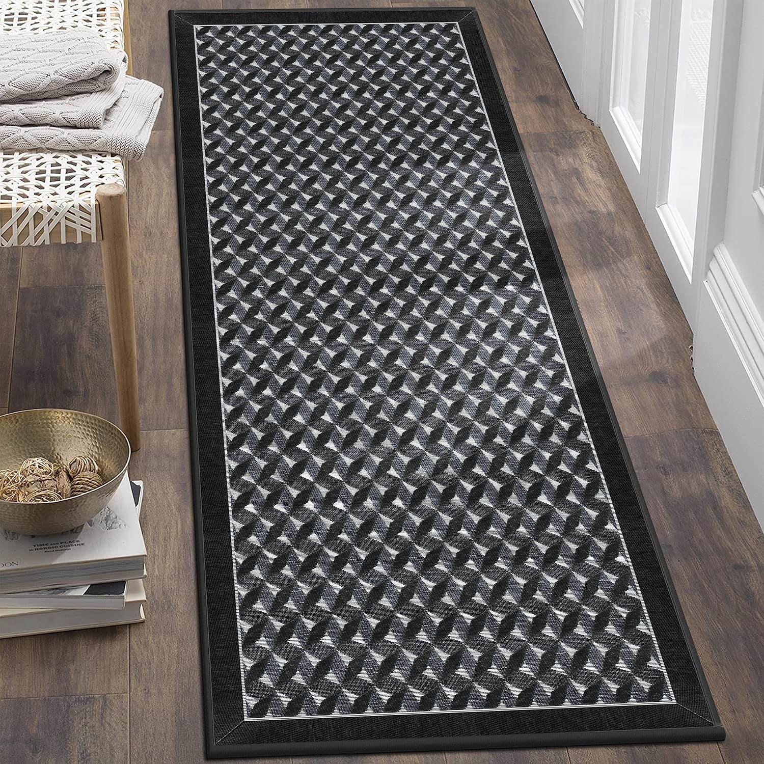 Black and White NonSlip Rug Runner for Kitchen Area Non Slip Runner