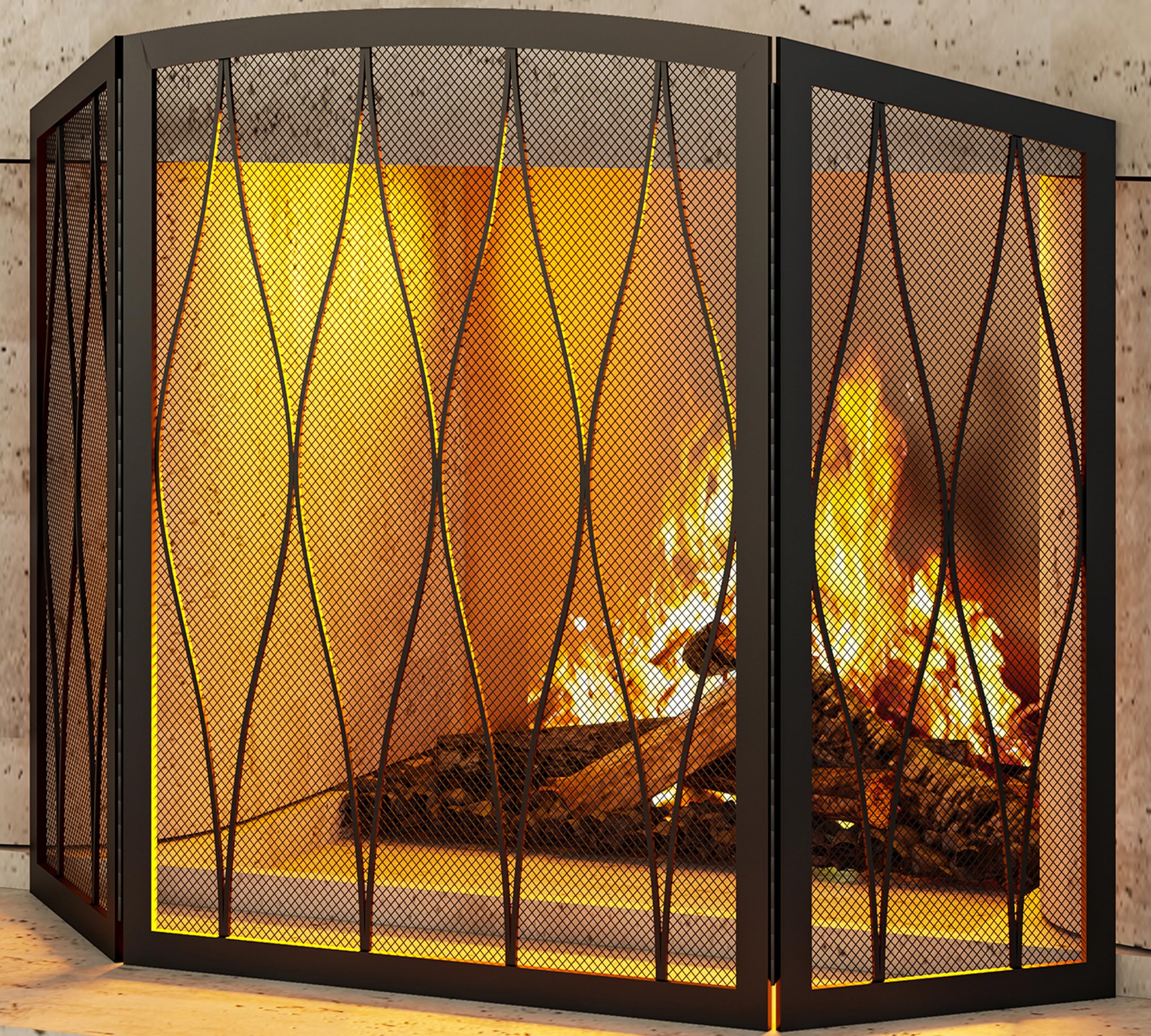 Childproof Fireplace Screen 3- Panel Modern Handcrafted Wrought Iron Foldable Metal Mesh, Heavy Duty Decorative Fireplace Spark Guard Cover for Living Room Home Decor Black Finish