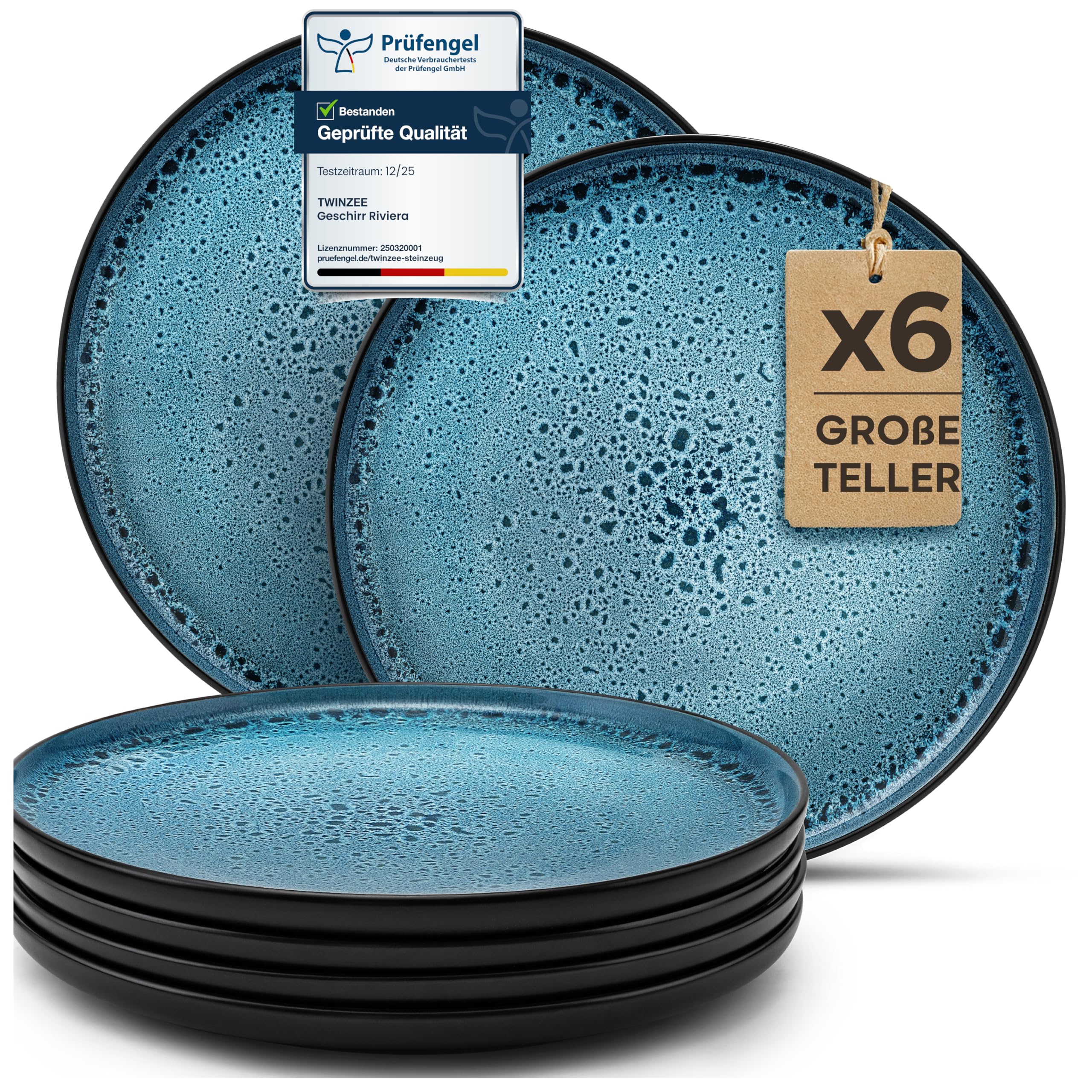 Twinzee Geschirrset 6-teilig aus Steinzeug - Teller Set 6 Teller groß Azur für 6 Personen - Mikrowellen - Riviera Kollektion