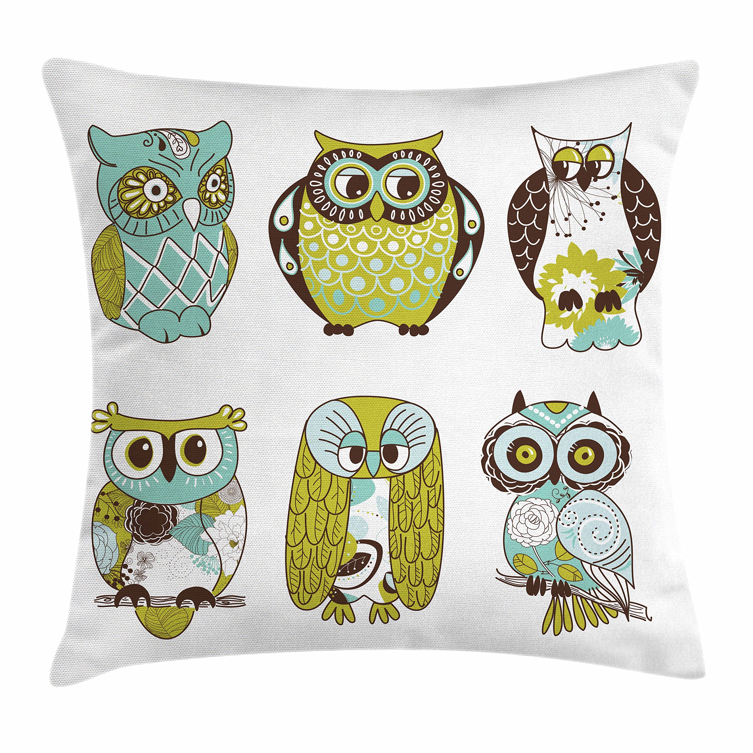 Lunarable Birds Throw Pillow Cushion Cover, Owls with Different Designs Childrens Cartoon Style Avian Animal Drawing, Decorative Square Accent Pillow Case, 28