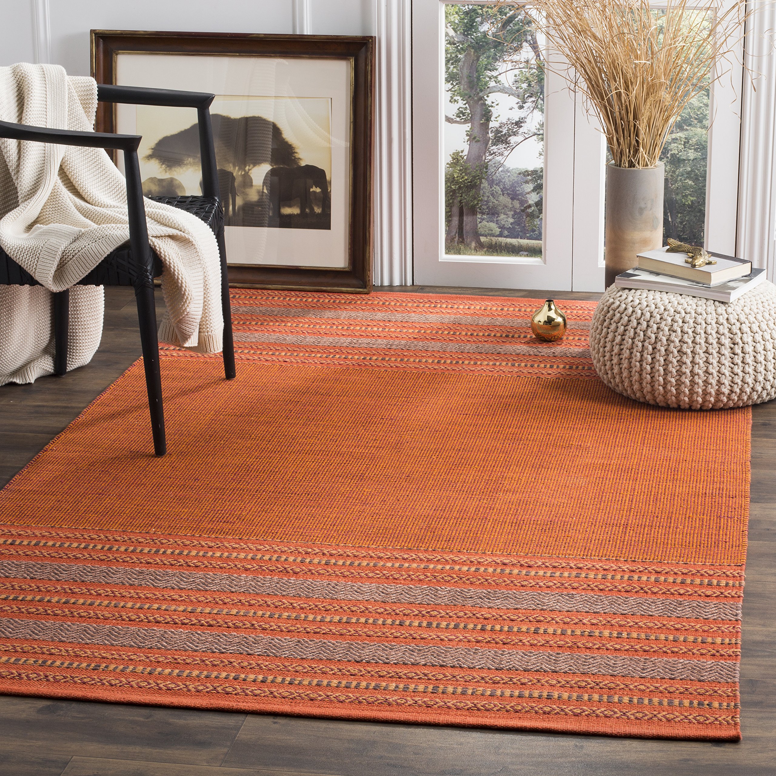 SAFAVIEH Montauk Collection Area Rug - 8' Square, Orange & Red, Handmade Flat Weave Stripe Cotton, Ideal for High Traffic Areas in Living Room, Bedroom (MTK214B)