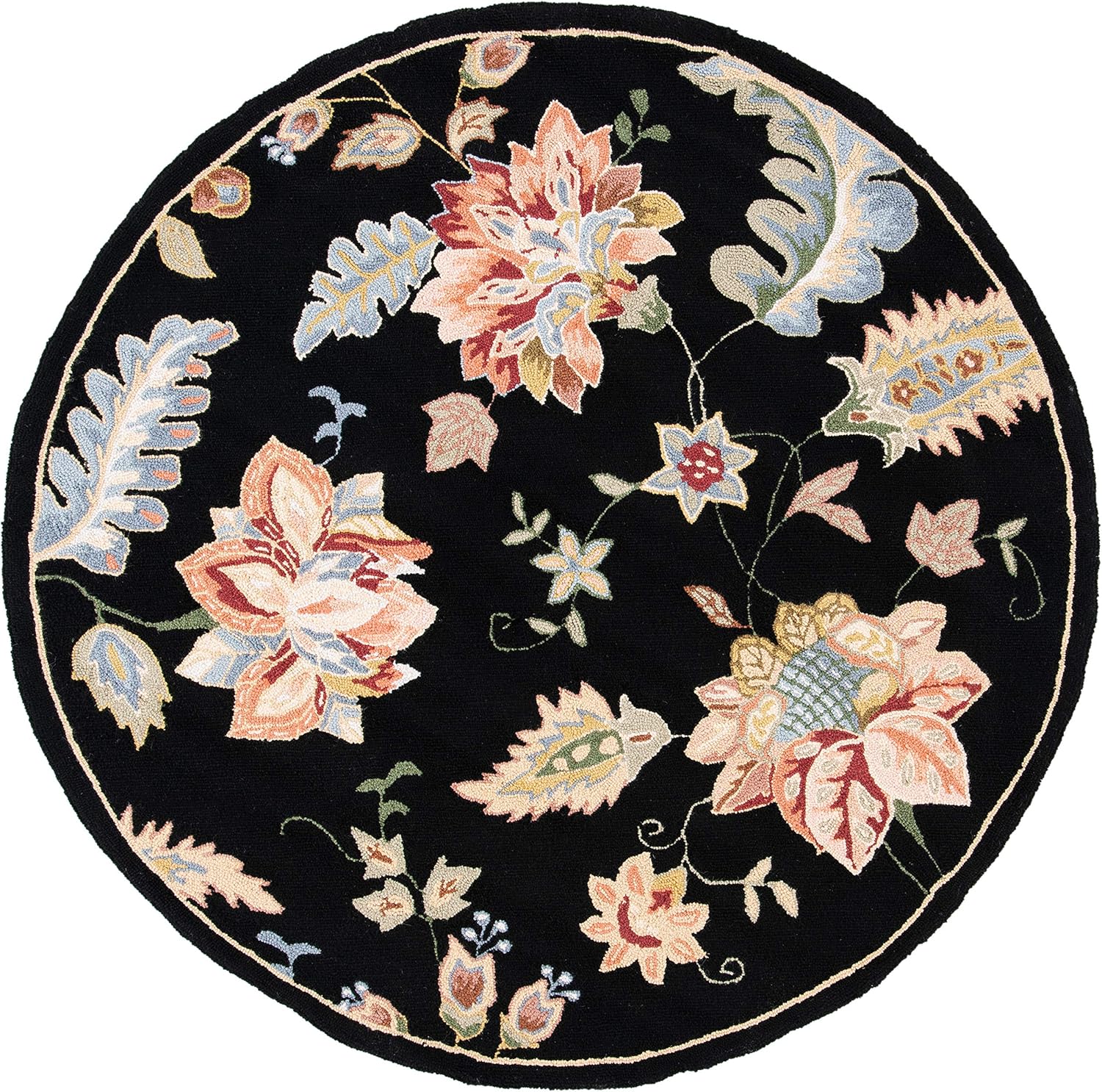 Black Floral Hand-Hooked Wool Round Area Rug, 8'