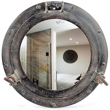 Nagina International Rustic Dark Black Patina Porthole | Vintage Ship Decor Mirror | Pirate Gift | Black Chick Stylesh Old Fashioned Wall & Door Fixtures Windows مرآة عاكسة، 20 بوصة