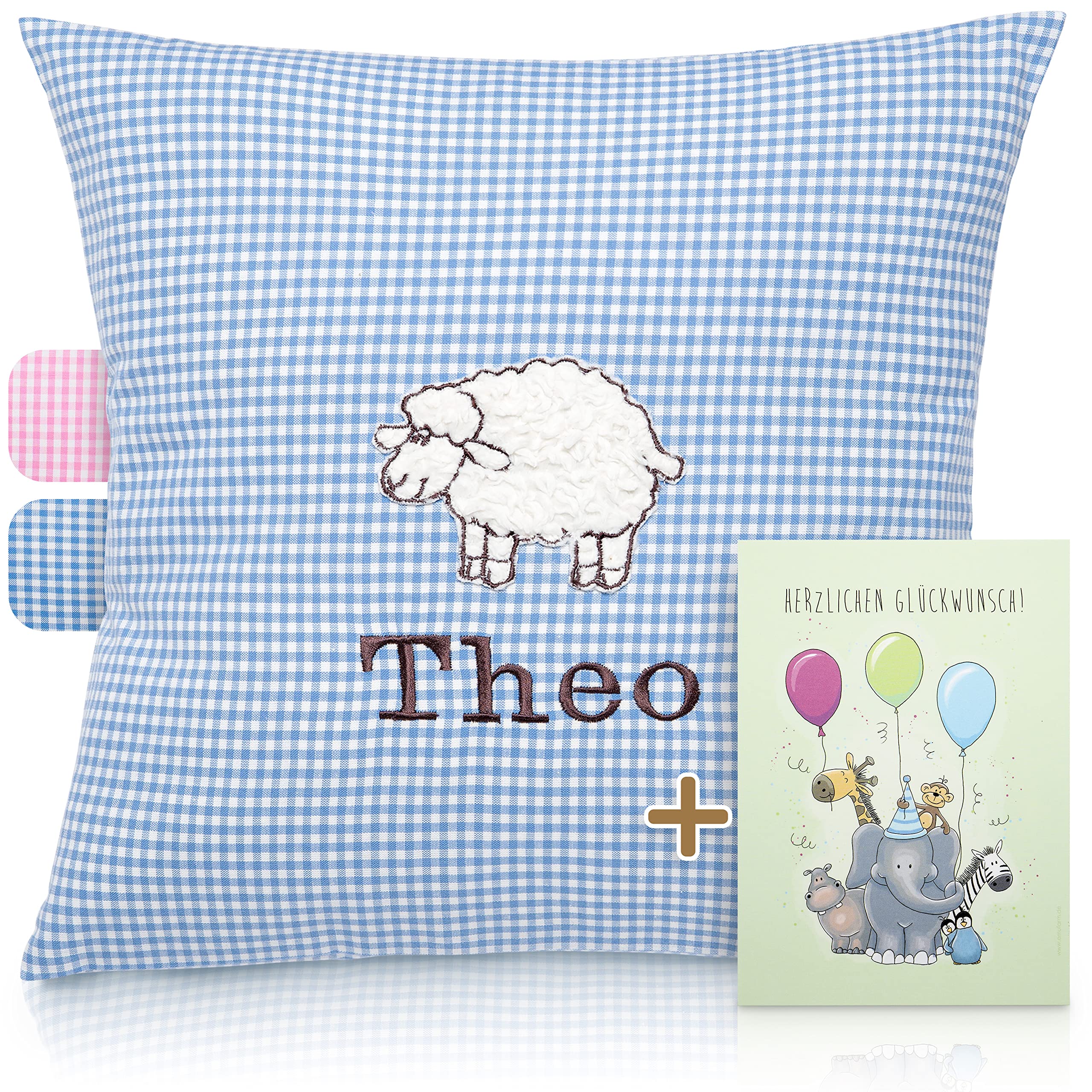 FADENZAUBER Babykissen personalisierbar mit Namen 40x40 cm für Jungs/Mädels | inkl. Glückwunschkarte, Handmade aus Deutschland