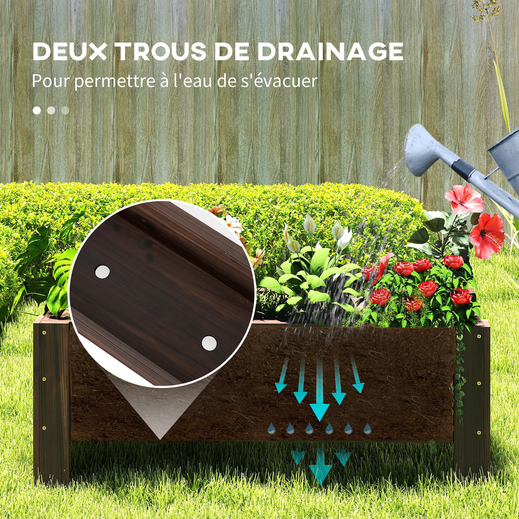 Outsunny Jardinière sur Pieds 100L x 36l x 36H cm Bois Massif Sapin traité | Bac à Fleurs, Inserts d'irrigation Inclus