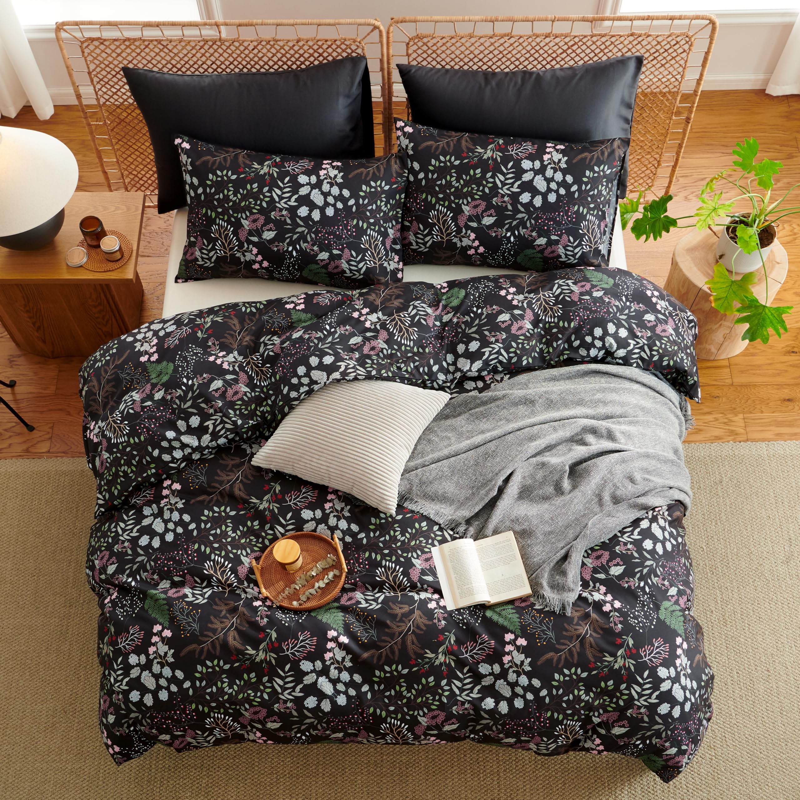 Floral Comforter Set Queen - Elegant Black Flower Bedding -5