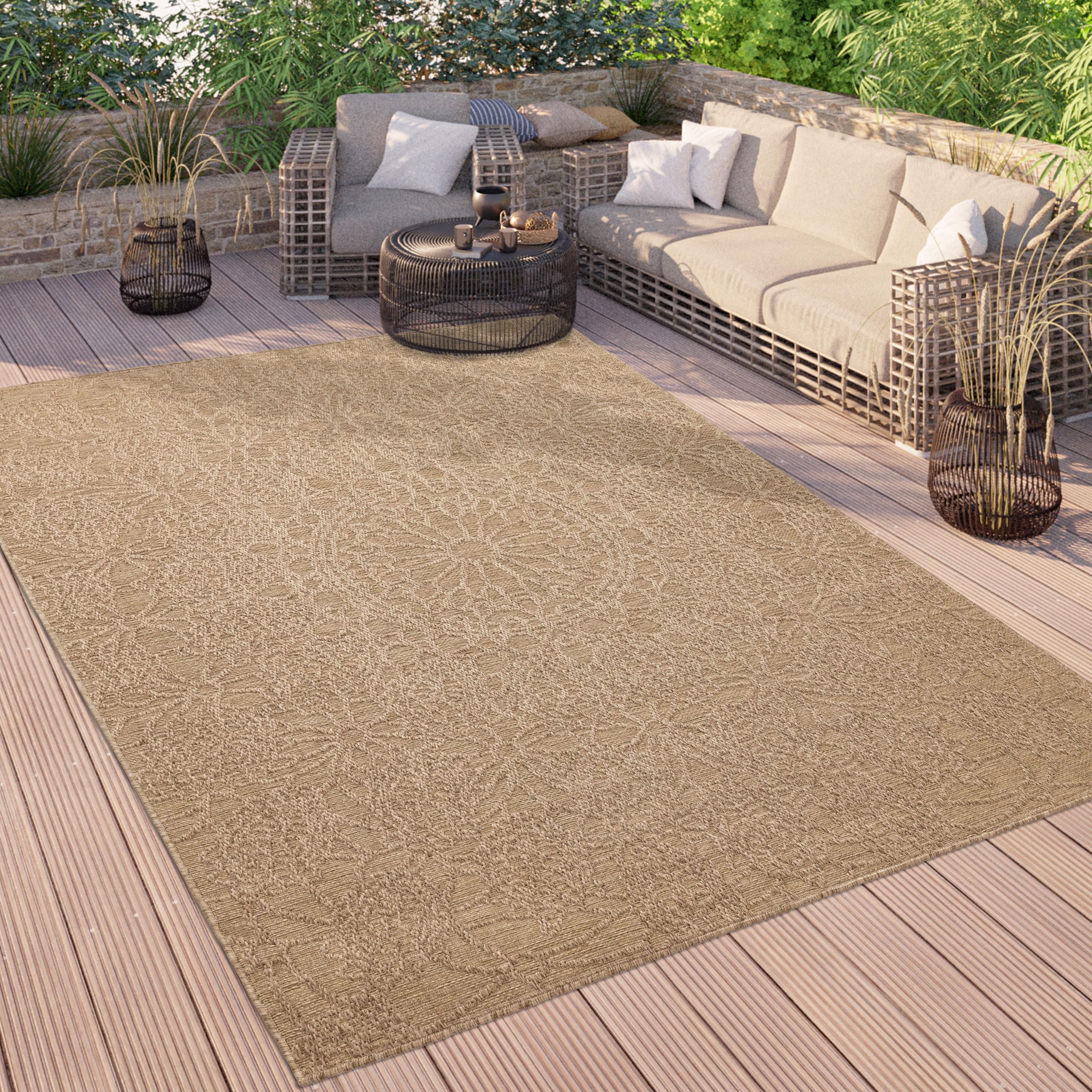 Paco Home Outdoor Teppich Wetterfest Balkon Küche Wohnzimmer Orientalisches Muster Vintage Optik Einfarbig 3D Modern, Grösse:120x160 cm, Farbe:Beige 3