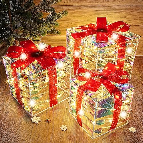 Miniatura 5 de Lulu Home Juego de 3 cajas de regalo iluminadas de Navidad, cajas de luz preiluminadas de 140 LED con lazos rojos, cajas de Navidad iluminadas con