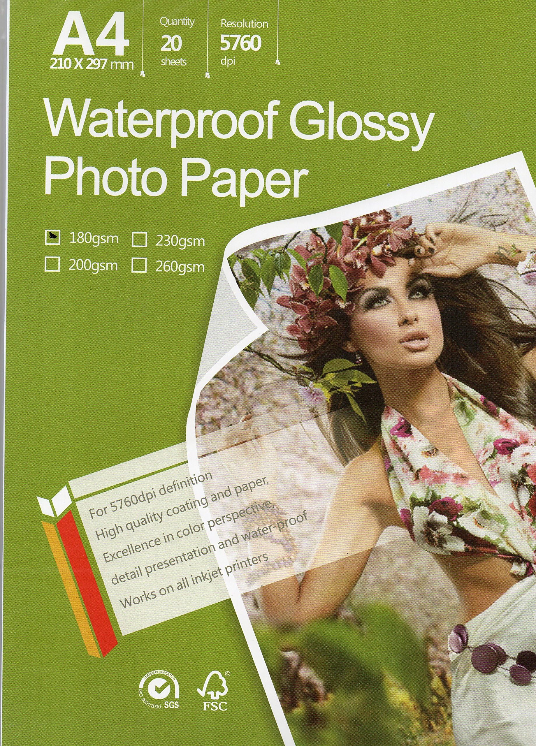 Great Premium Quality Photo Glossy White Paper 8.3"x11.7" A4 Size 20 sheets weight 180gsm. Dries Quickly Excellent Price Much better finish colors Best Look Pictures print for all inkjet printer