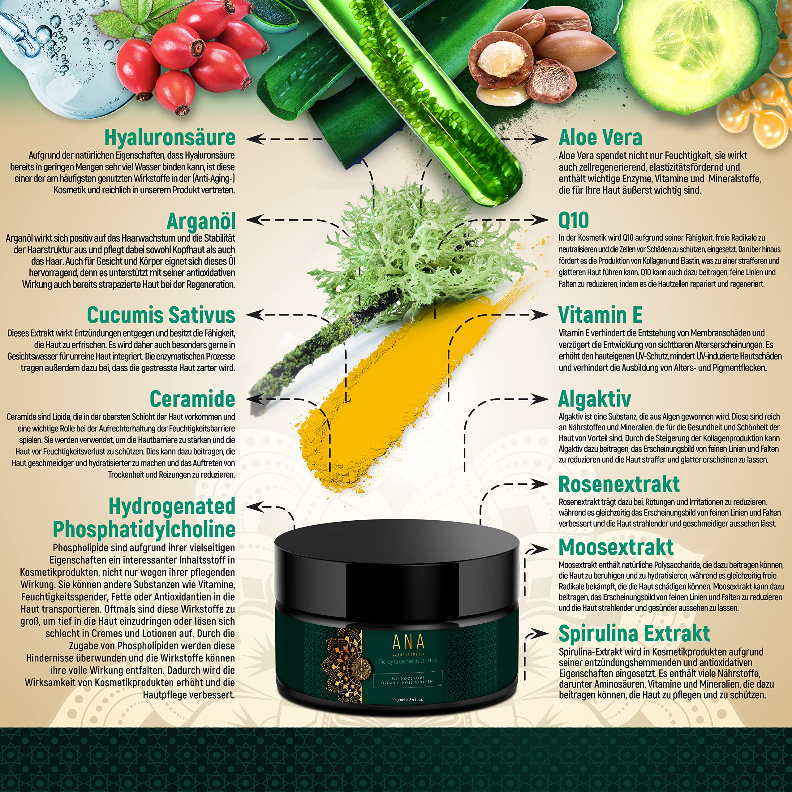 ANA Naturkosmetik BIO Pomata di Muschio con Aloe Vera, Acido Ialuronico, 5% Muschio Islandese, Q10, Algaktiv® e Ceramide III - Cura Anti-Aging per il Viso - Trattamento Giorno e Notte - 100ml - Made