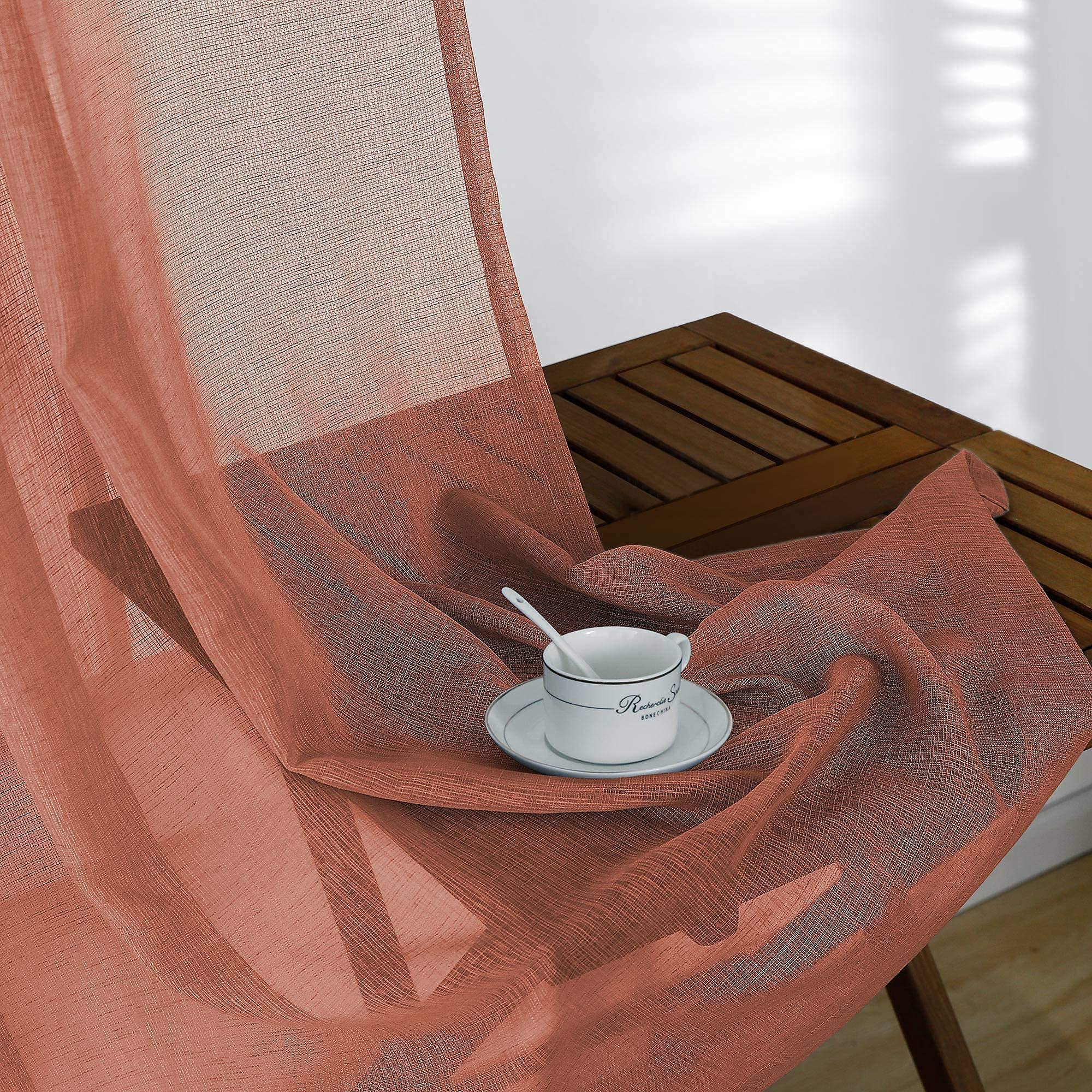 Lot de 2 Rideaux Semi-Transparents en Lin synthétique avec Passe-Tringle pour Chambre à Coucher et Chambre à Coucher (Terre Cuite) – 213 x 213 cm de Long – Orange brûlé