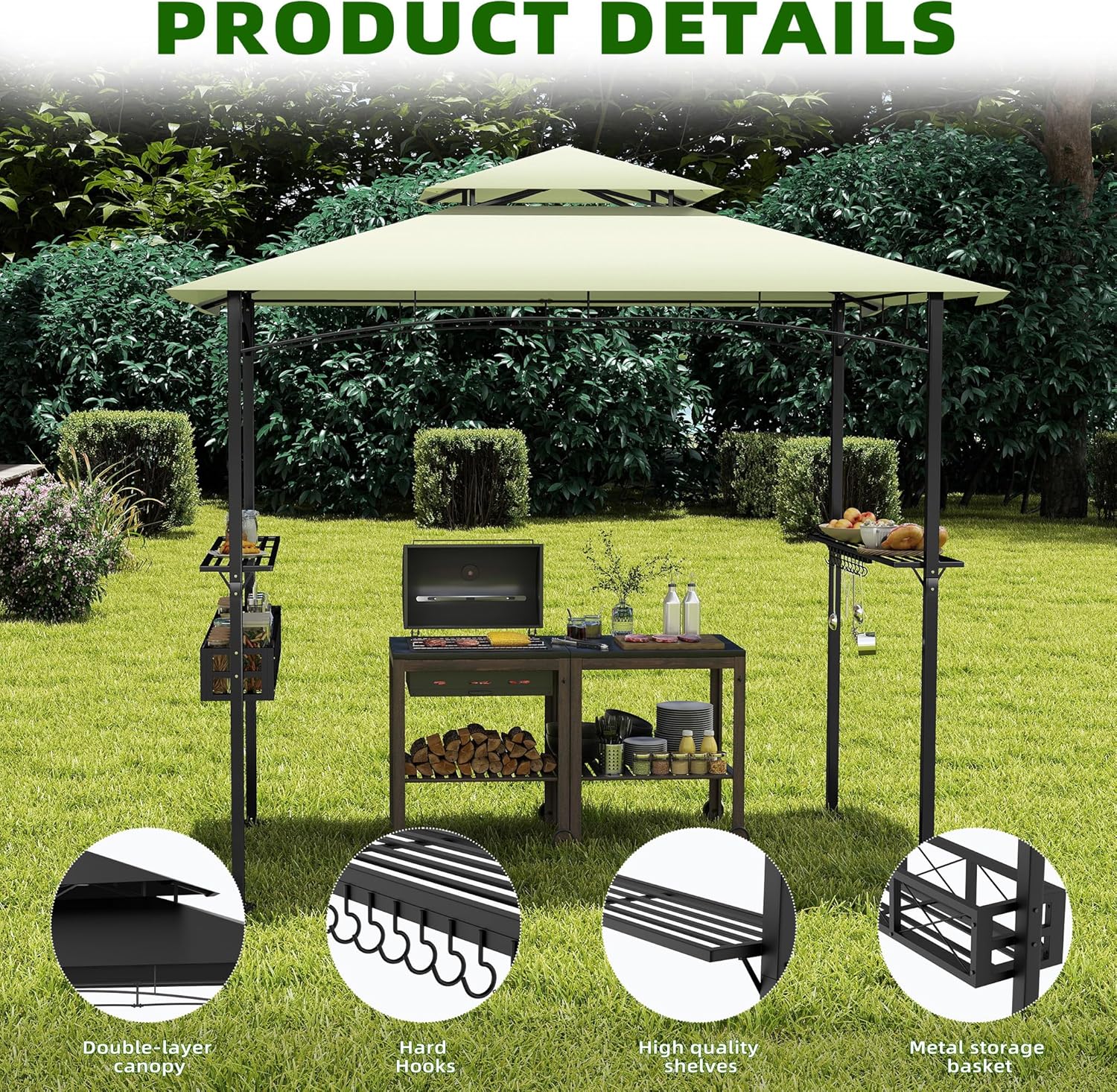 UISEBRT Winterproof Barbecue Gazebo with Metal Frame and Polyester Roof, 245 x 153 x 250 cm, Protection from Rain and Sun, Includes Storage Basket, Gazebo Canopy for Barbecue Parties, Garden, Patio