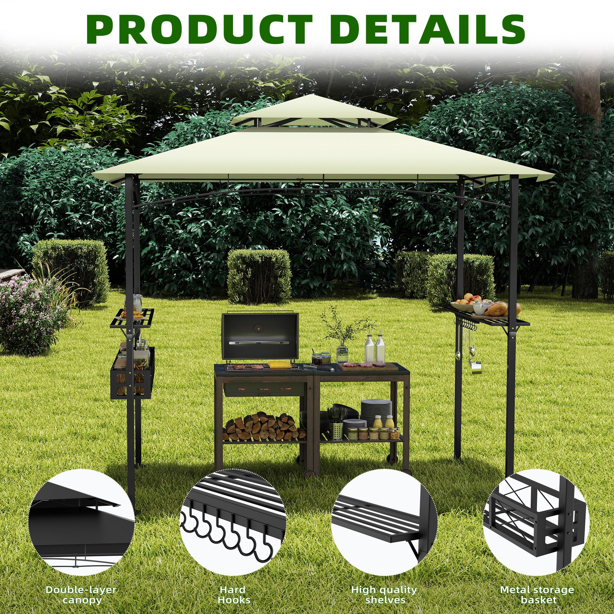 HENGMEI Grill Pavillon 2.45 x 1.53m, Grillpavillon Partyzelt Doppelstöckige Schutzabdeckung, Grillzelt Gartenpavillon Pergola mit Regalen und Ablagekörben für Party, Marktstand, Picknick (Beige)