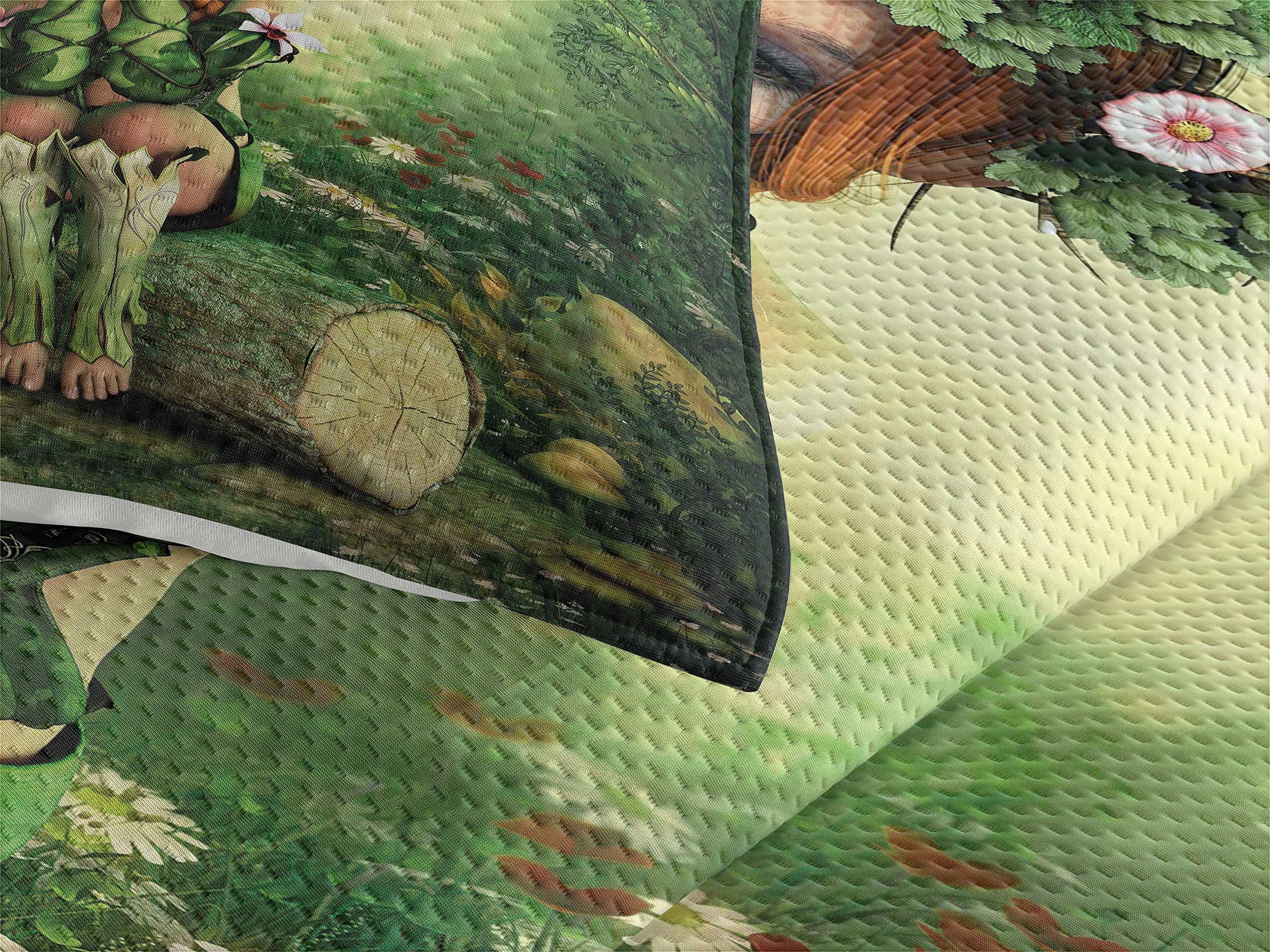 Ambesonne Tale Coverlet, Computer Art Elf Girl Wreath Her Head Sitting on a Tree Stump, 3 Piece Decorative Quilted Bedspread Set with 2 Pillow Shams, Queen Size, Green Beige Pink