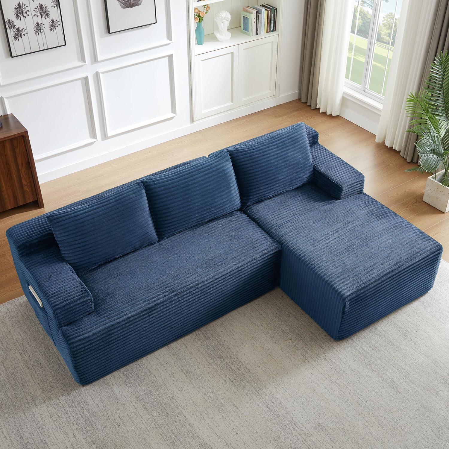 Modern Corduroy Modular Sectional Sofa,96.1" Minimalist Style L-Shaped 3 Seat Couch with Side Storage Pockets,Comfortable Chaise Lounge for Living Room,Reception Area,Blue Right Chaise Lounge