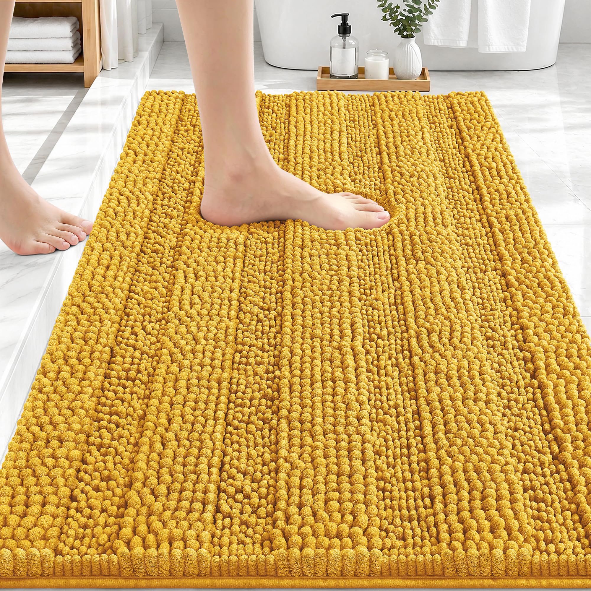 OLANLY Thick Bathroom Rugs 30x20, Chenille Striped Bath Rugs, Golden Yellow