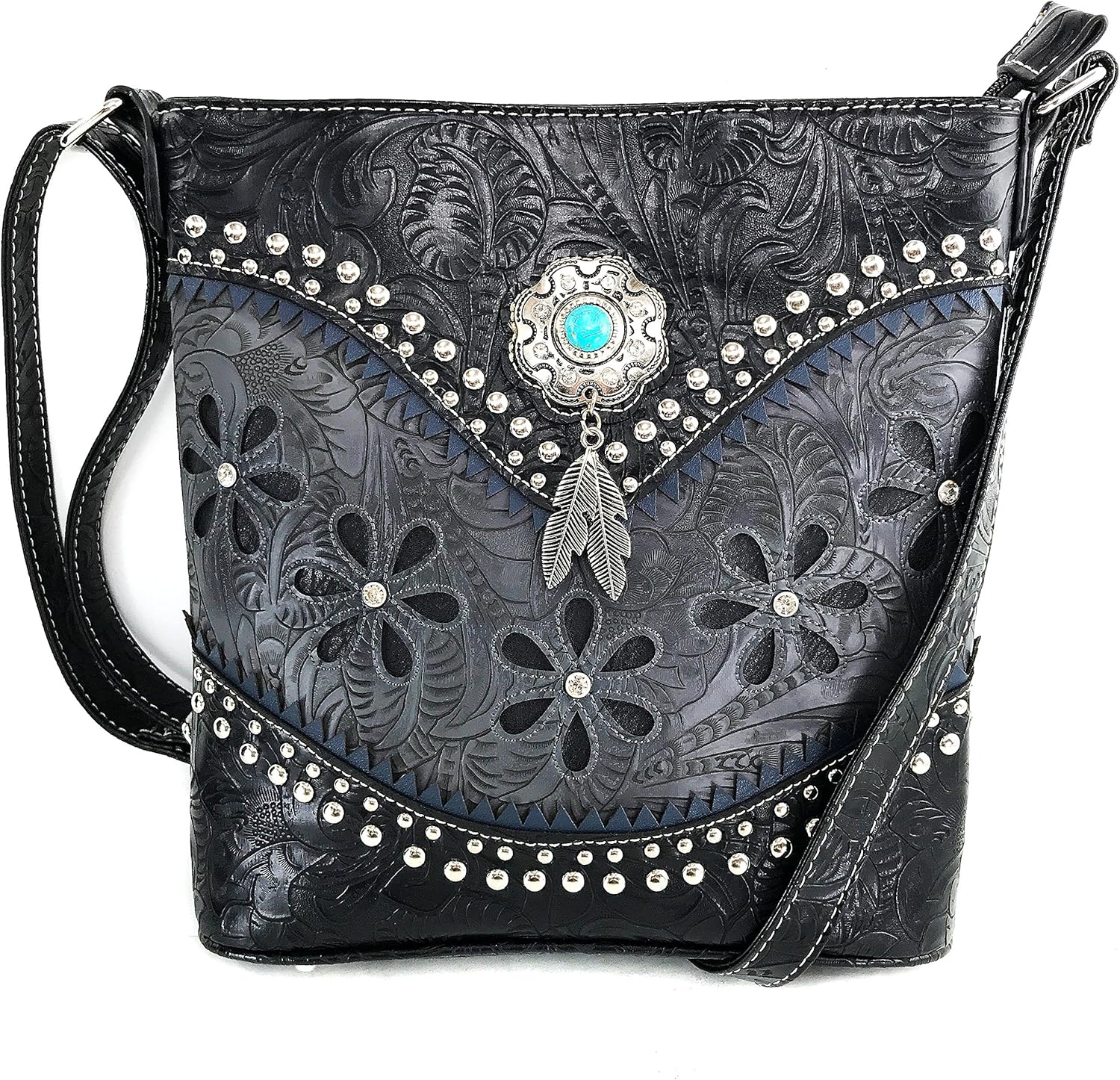 Justin West Turquoise Stone Concho Feathers Western Tooled Studs Concealed Carry Handbag Purse