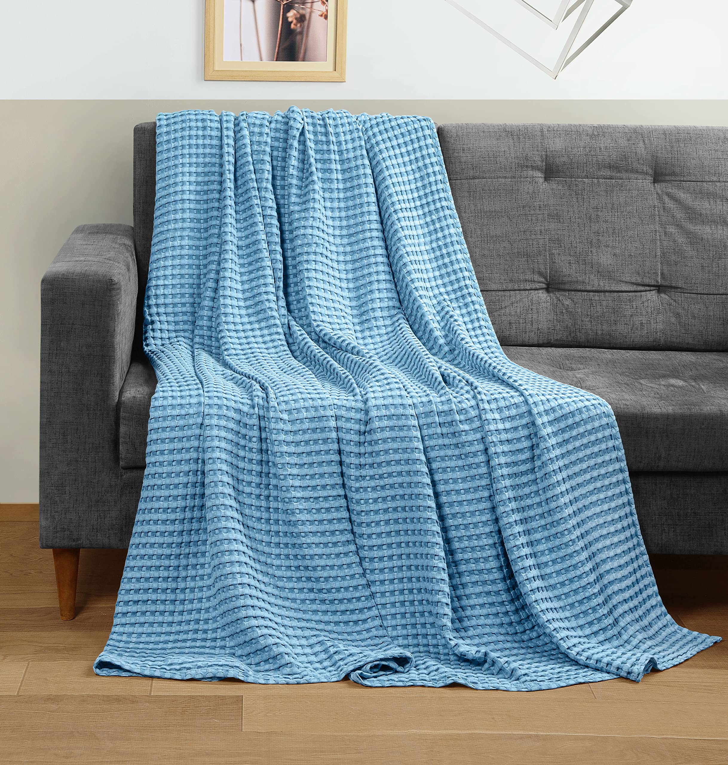 Utopia Bedding Cotton Waffle Blanket 300 GSM (Sky Blue - 90x72 Inches) Soft Lightweight Breathable Bed Blanket Twin Size Layering Any Bed for All Season