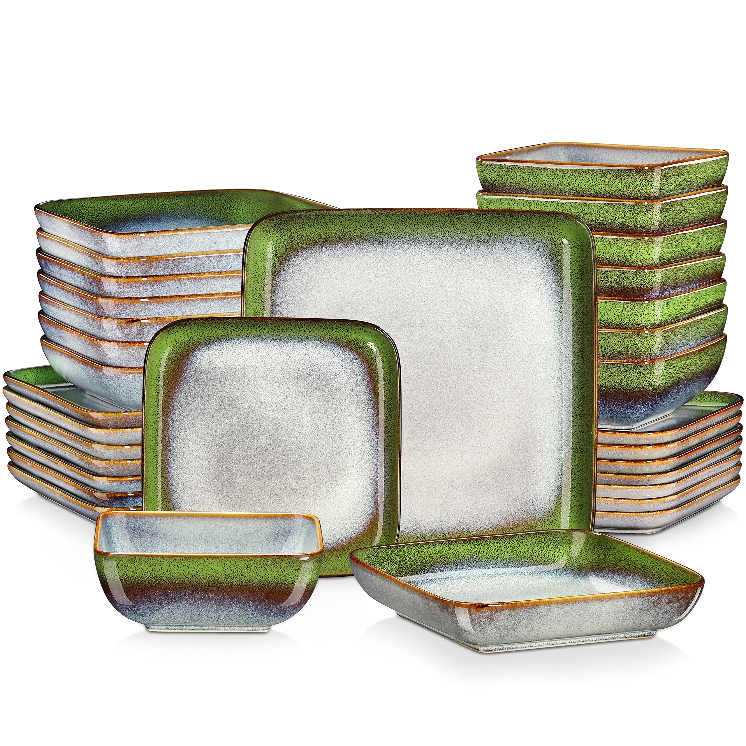 Vancasso, Servizio di stoviglie quadrate Stern di colore verde-blu, 32 pezzi, in grès porcellanato, con piatti piani, piatti da dessert, ciotole e piatti fondi, servizio per 8 persone