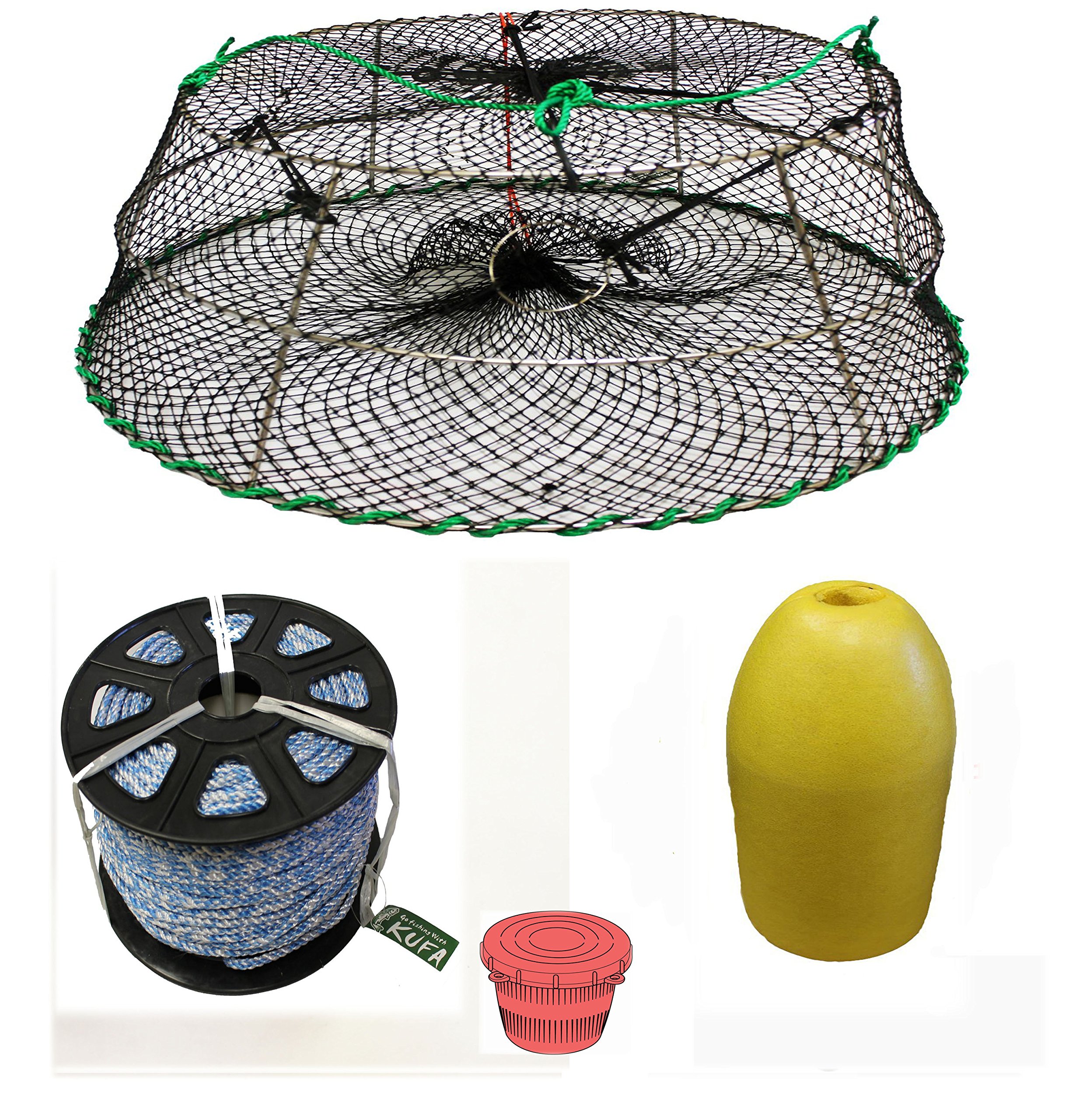 KUFA Sports Tower Style Prawn Trap with 400' Rope, Yellow Float and Vented Bait Jar Combo (CT77+SL4+F11Y+HB5)