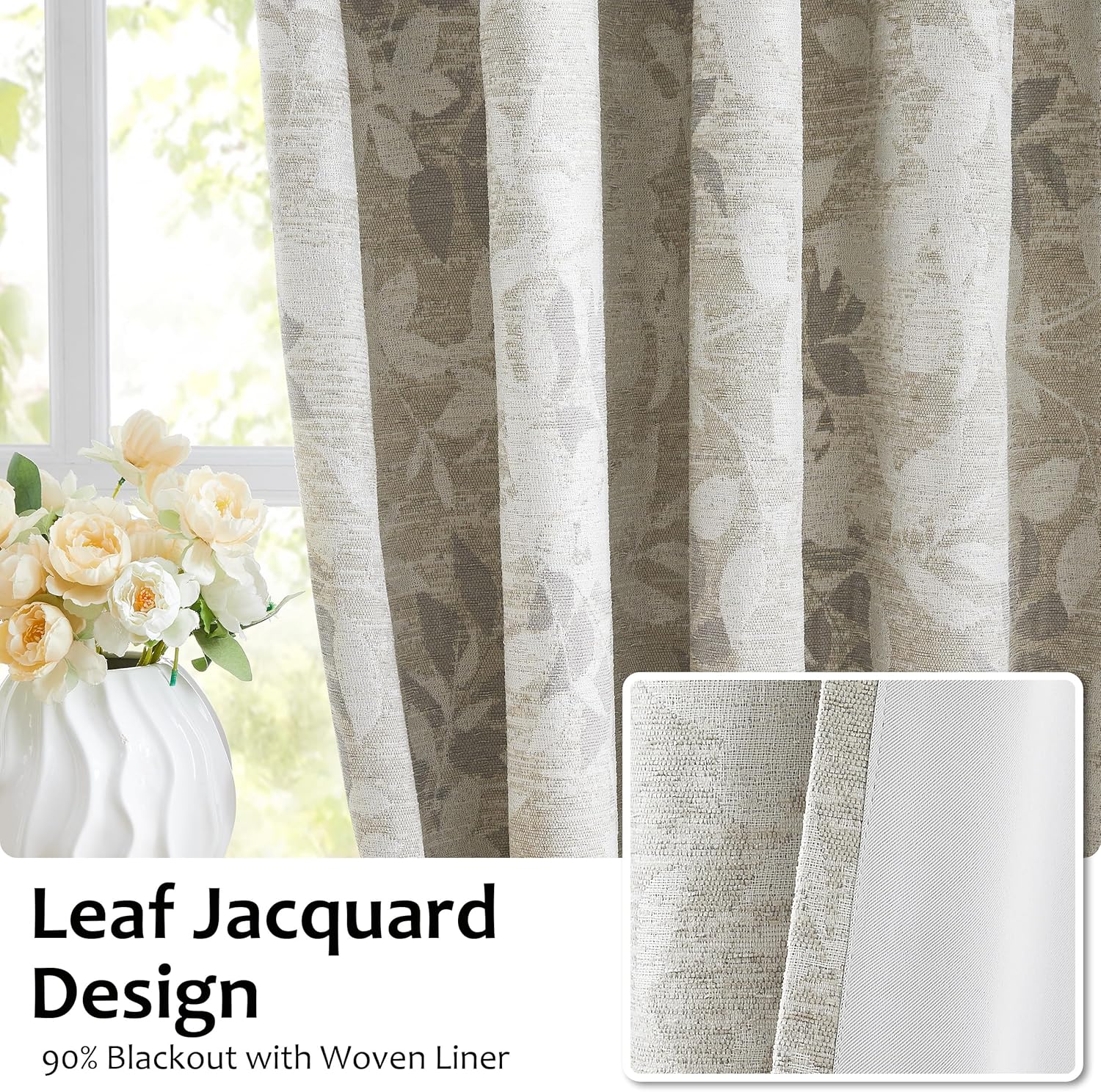 Randll Pinch Pleat 90% Blackout Curtain Floral Jacquard Thermal Insulated Drape for Living Room Bedroom 63 Inch Long Brown Leaf Printed Botanical Pattern Back Tab Window Treatment Set,40"x63",2 Panels