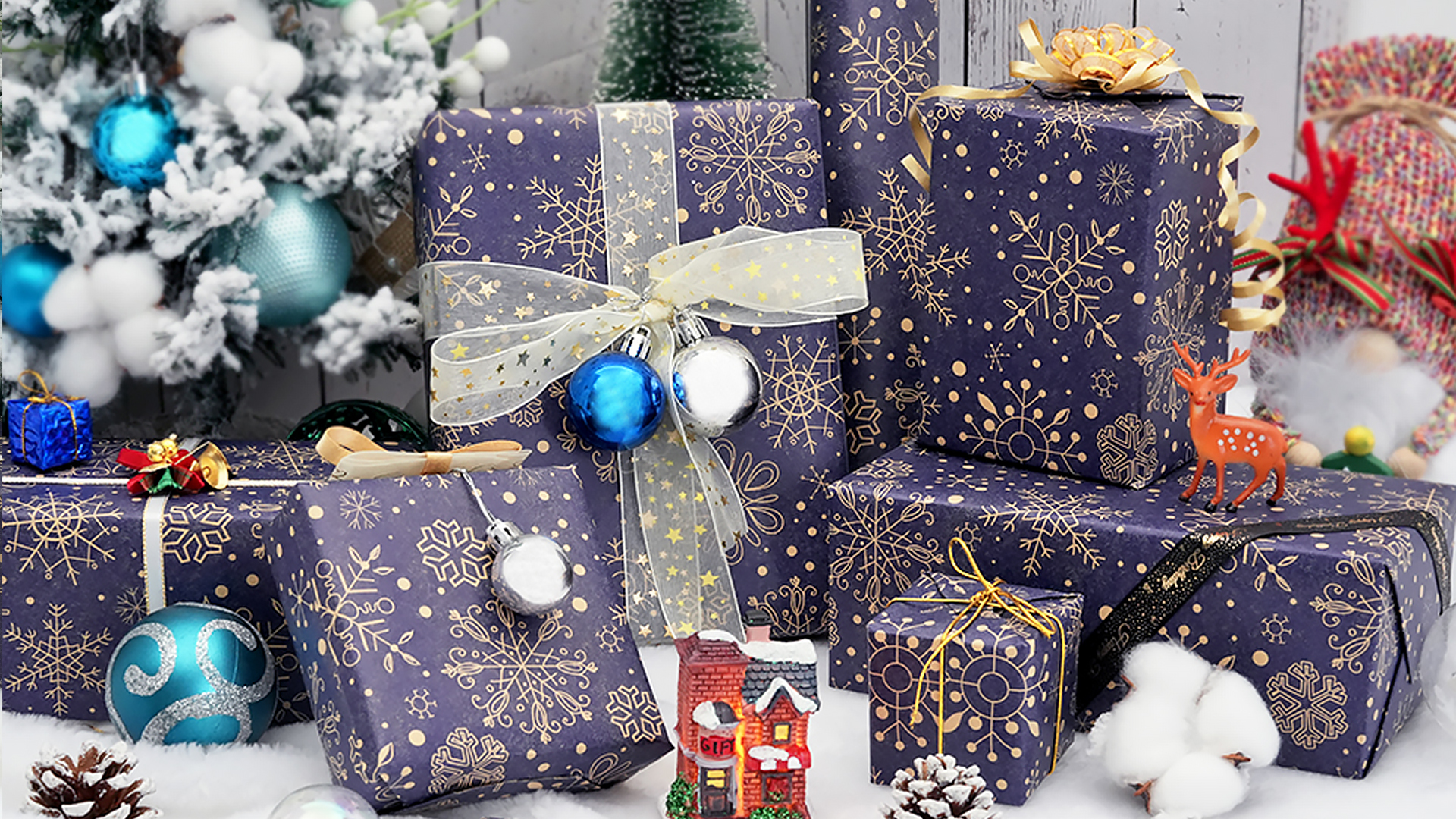 Christmas Wrapping Paper, 4 Mini Rolls Blue Snowflakes Merry Christmas Gift Wrapping Paper Roll, Vintage Snowman Brown Kraft Gift Wrap Paper For - View #13