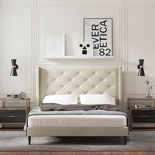 Glenwillow Home Huppe - Marco de cama tapizado con plataforma MCM con botones, base de colchón, no necesita somier, fácil montaje, beige, tamaño Glenwillow Home Huppe - Marco de cama tapizado con plataforma MCM con botones, base de colchón, no necesita somier, fácil montaje, beige, tamaño