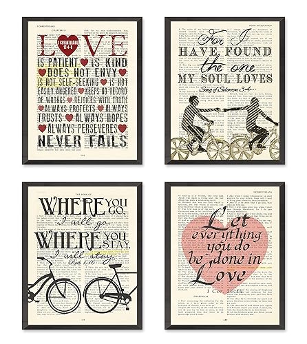 1 Corinthians 13, Song of Solomon 34, Ruth 116, 1 Corinthians 1614 Art Prints, Set of 4, Unframed, Wedding Couple Love Vintage Bible Page Verse Set