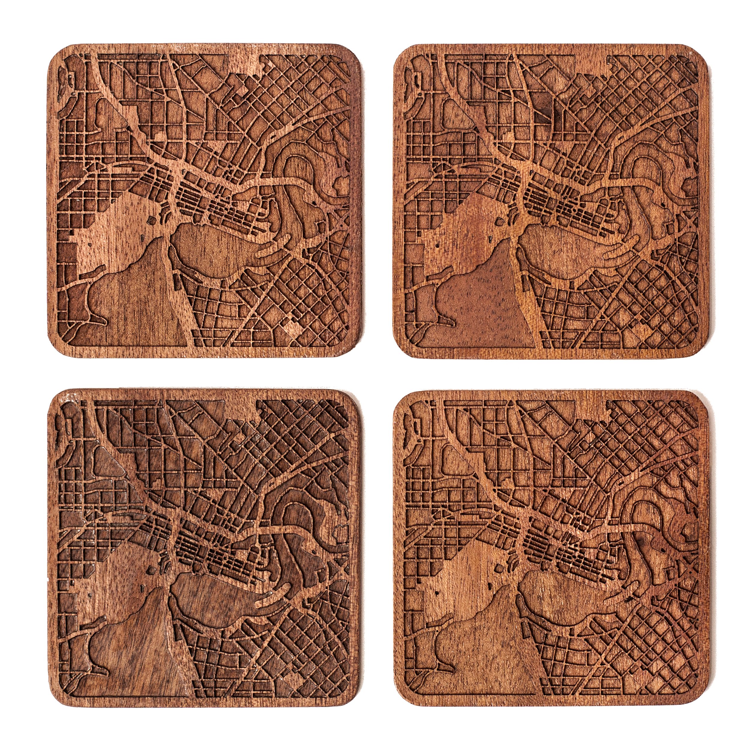 Perth Map Coaster, Set of 4, Sapele Wooden Coaster with City Map, Handmade — image 1