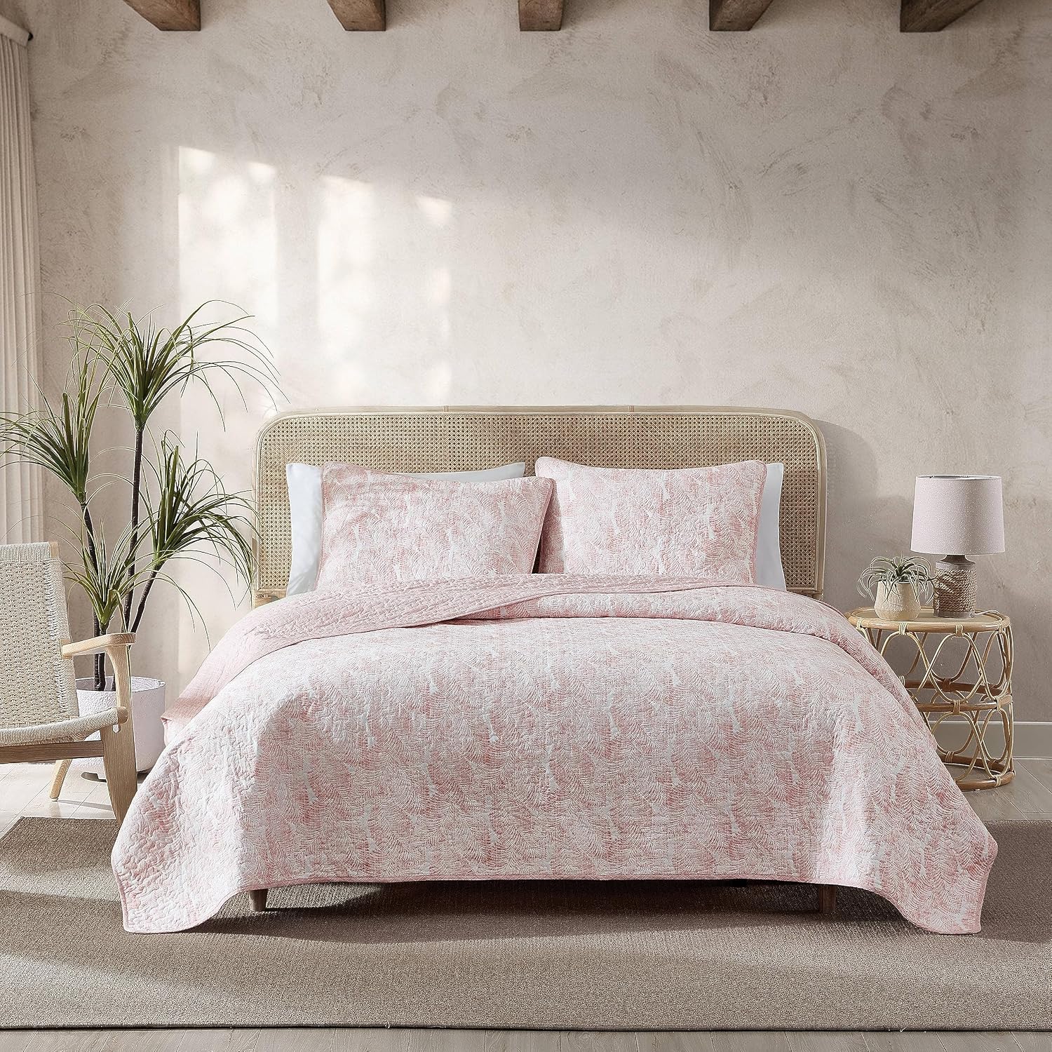 Tommy Bahama - King Quilt Set, Reversible Cotton Bedroom Decor with Matching Shams, Tropical Bedding with Textured Reverse (Distressed Water Leaves Coral, King)