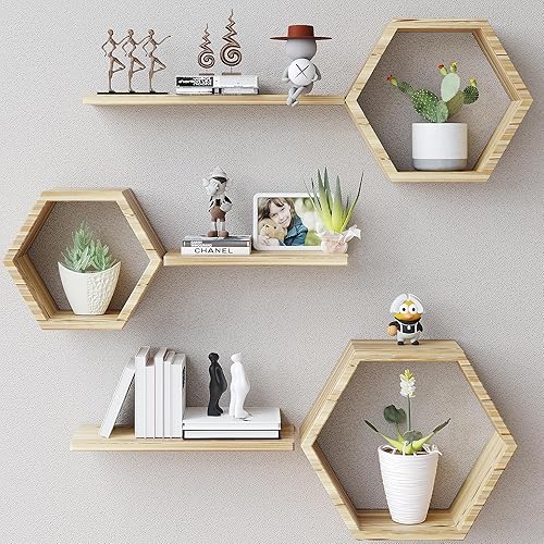 Estantes flotantes hexagonales de madera para montar en la pared, juego de 6 estantes hexagonales de madera de pino para fotos, plantas, estantes disponible en Yaxa Colombia