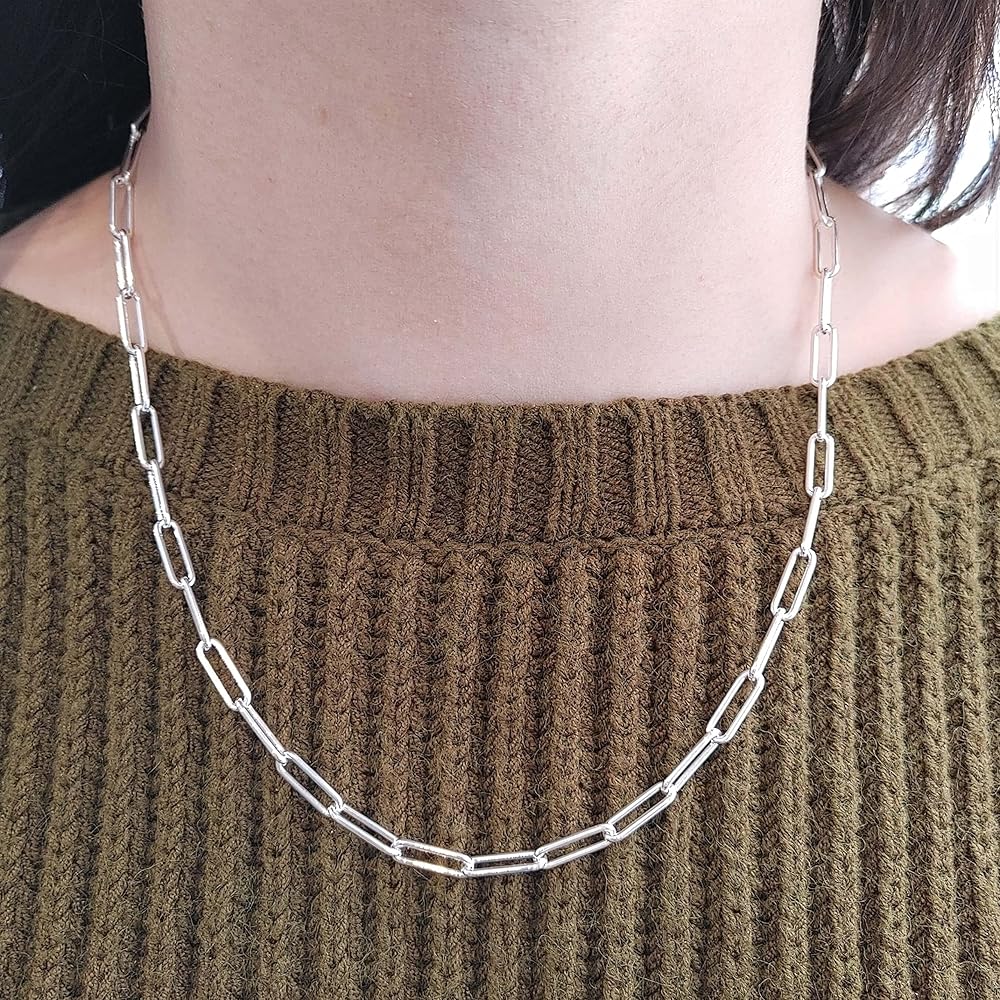 925 Sterling Silver Paper Clip Link Chain Necklace, Open