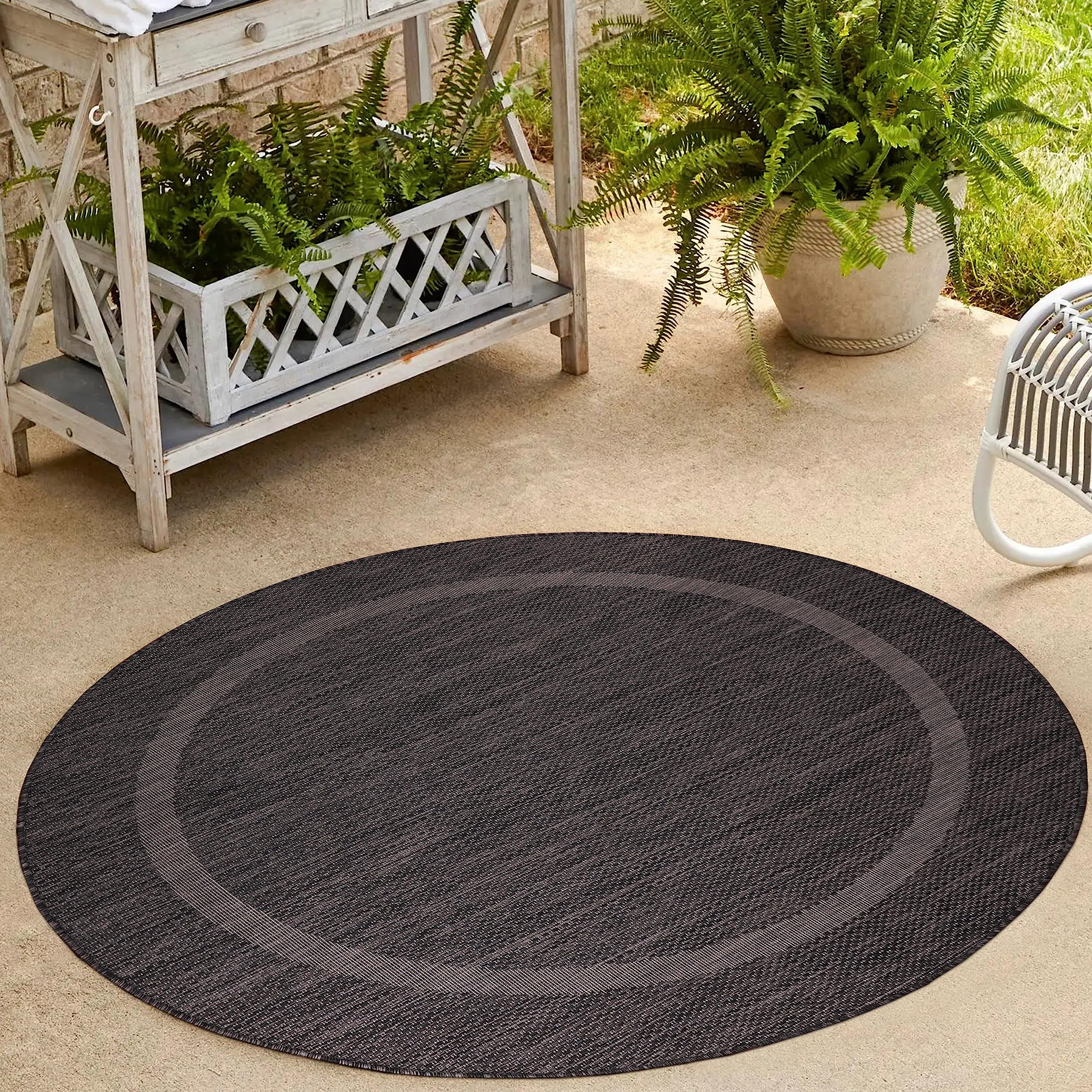 HomebyHome Alfombra Exterior Interior 120 cm Redondo Negro Resistente a la Intemperie, Impermeable - Alfombra de Cocina de Tejido Plano, Unicolor - Alfombras Exterior para Terraza, Balcón y Jardín