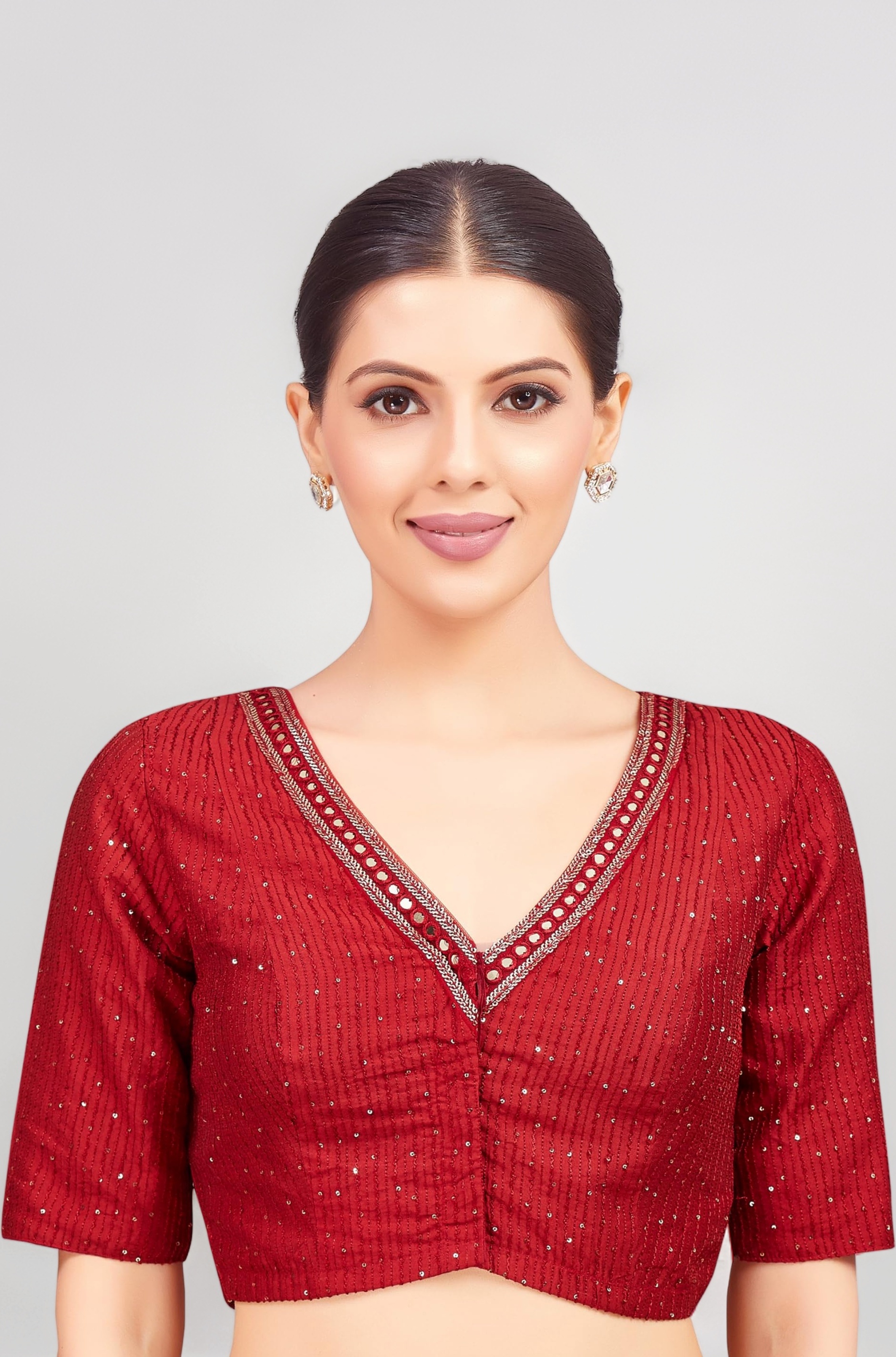 Studio Shringaar Women's Readymade Polyester Elbow Length Sleeves Saree Blouse with Mirror Work