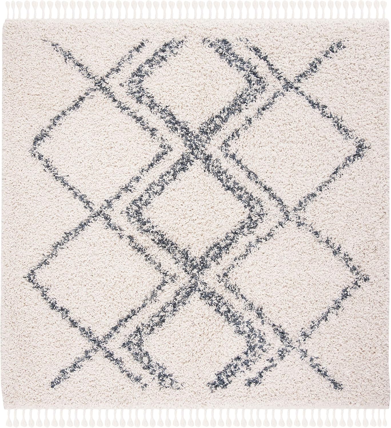 SAFAVIEH Pro Luxe Shag Collection Area Rug - 9' Square, Cream & Blue, Moroccan Boho Tassel, Non-Shedding & Easy Care, 2.4-inch Thick Ideal for High Traffic Areas in Living Room, Bedroom (PLX432A)