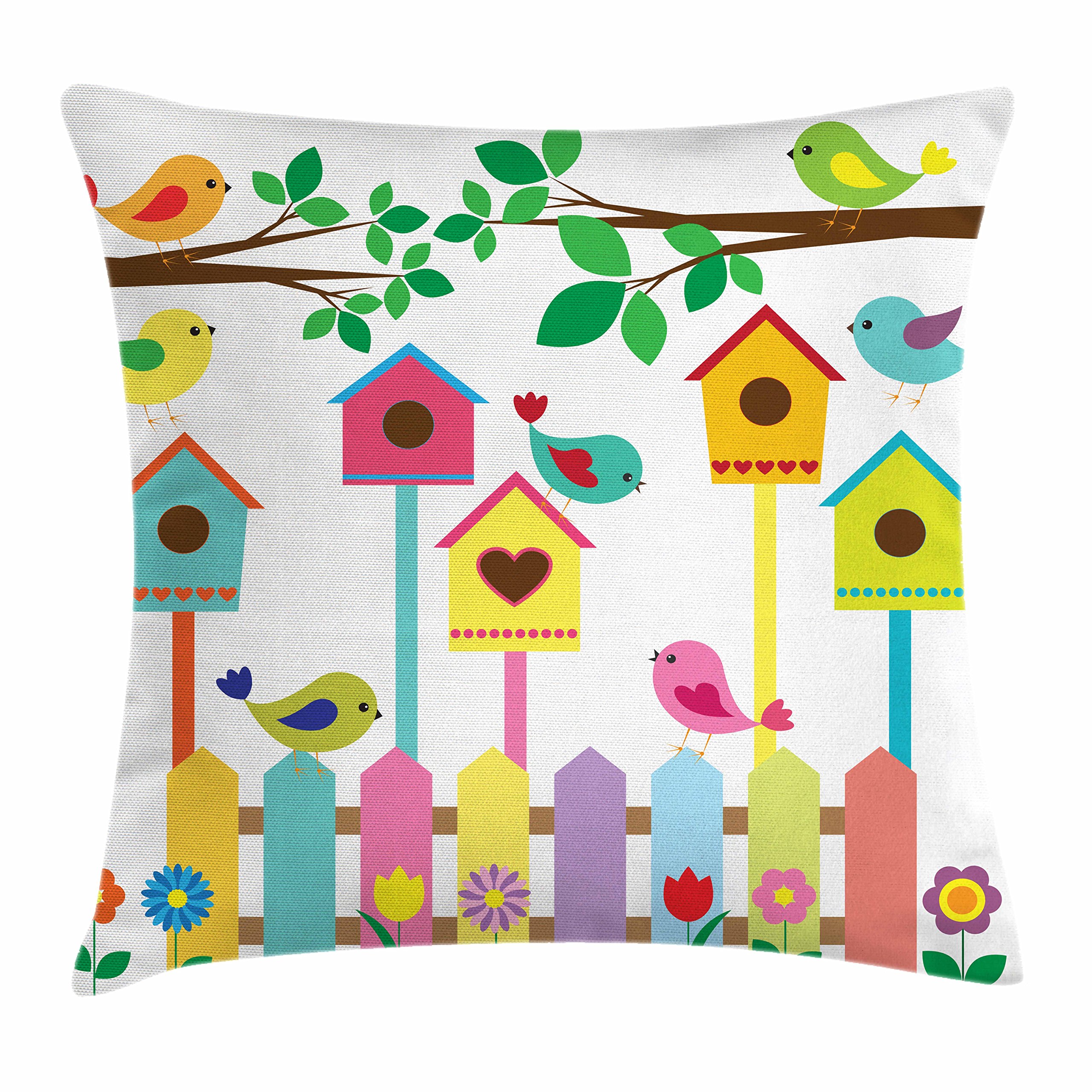 Lunarable Birds Throw Pillow Cushion Cover, Colorful Avian Animals Birdhouses and Fence Design Childrens Cartoon Style Sketch, Decorative Square Accent Pillow Case, 40