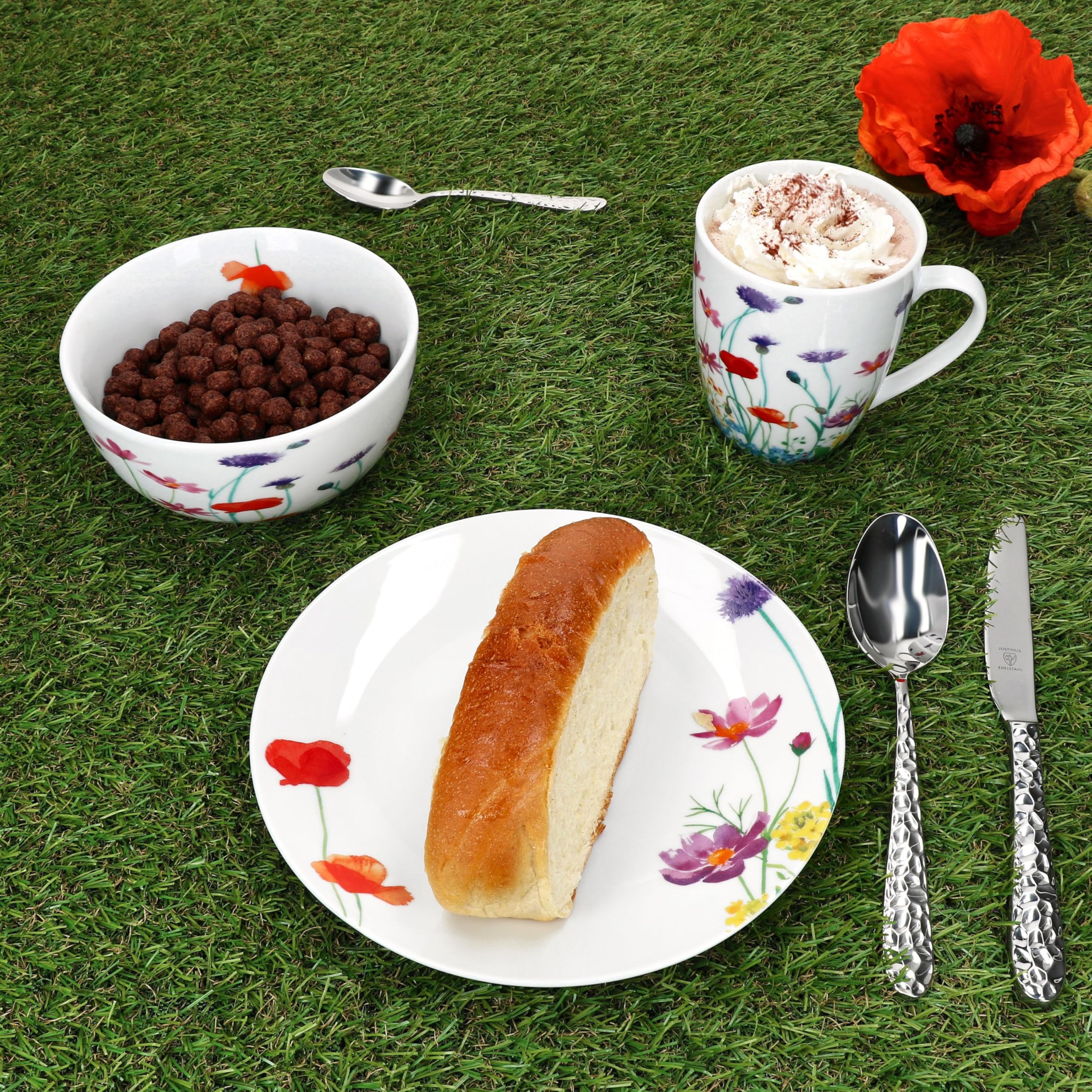 MamboCat Marie Service de petit-déjeuner 18 pièces Vaisselle en porcelaine décor prairie florale pour 6 personnes