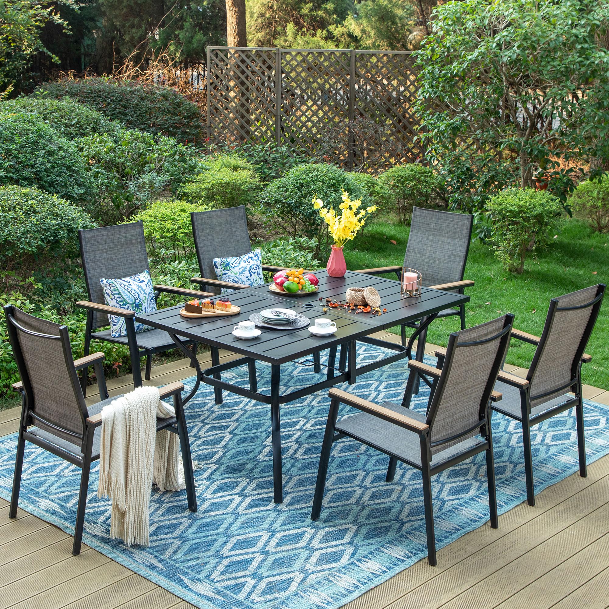 PHI VILLA Patio Dining Set for 6, Large Metal Dining Table with & 6 Outdoor Aluminum Stackable Chairs, Lightweight and Breathable Fabric, Outdoor