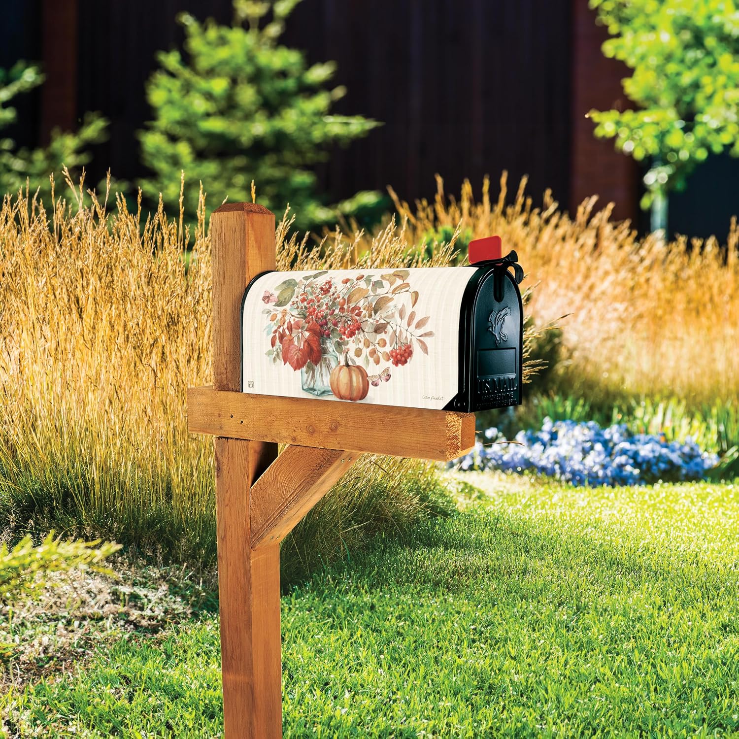 Studio M Decorative Fall Autumn Harvest MailWrap Fits Standard Size 6.5 x 19 Inch Mailbox Weather Resistant Vinyl Red Green Orange Floral Pumpkin