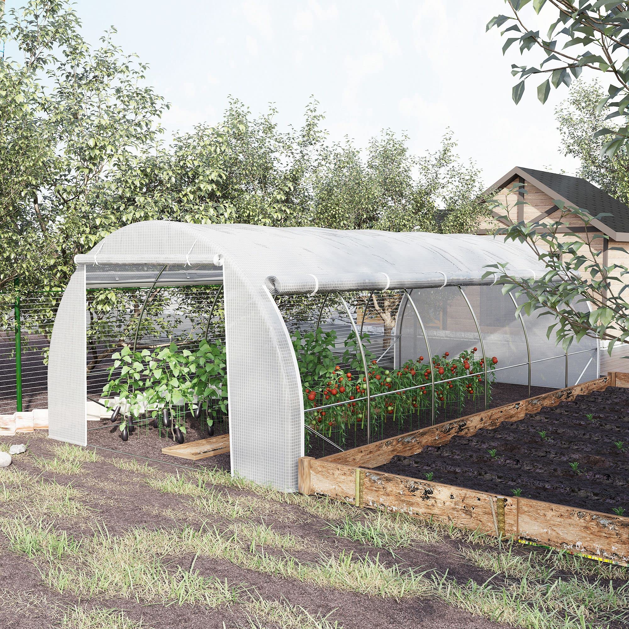 Outsunny Szklarnia ogrodowa 6 x 3 x 2 m z zwijanymi ścianami bocznymi, namiot kultury z ramą stalową, wzmocniona pokrywa, drzwi zapinane na zamek błyskawiczny i 8 okien na ogród i taras, biała