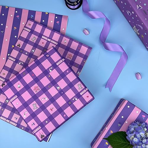 Miniatura 4 de Dtiafu Papel de regalo para bebé, 10 hojas de papel de regalo morado y rosa para baby shower, cumpleaños, baby shower, oso, diamante, arco