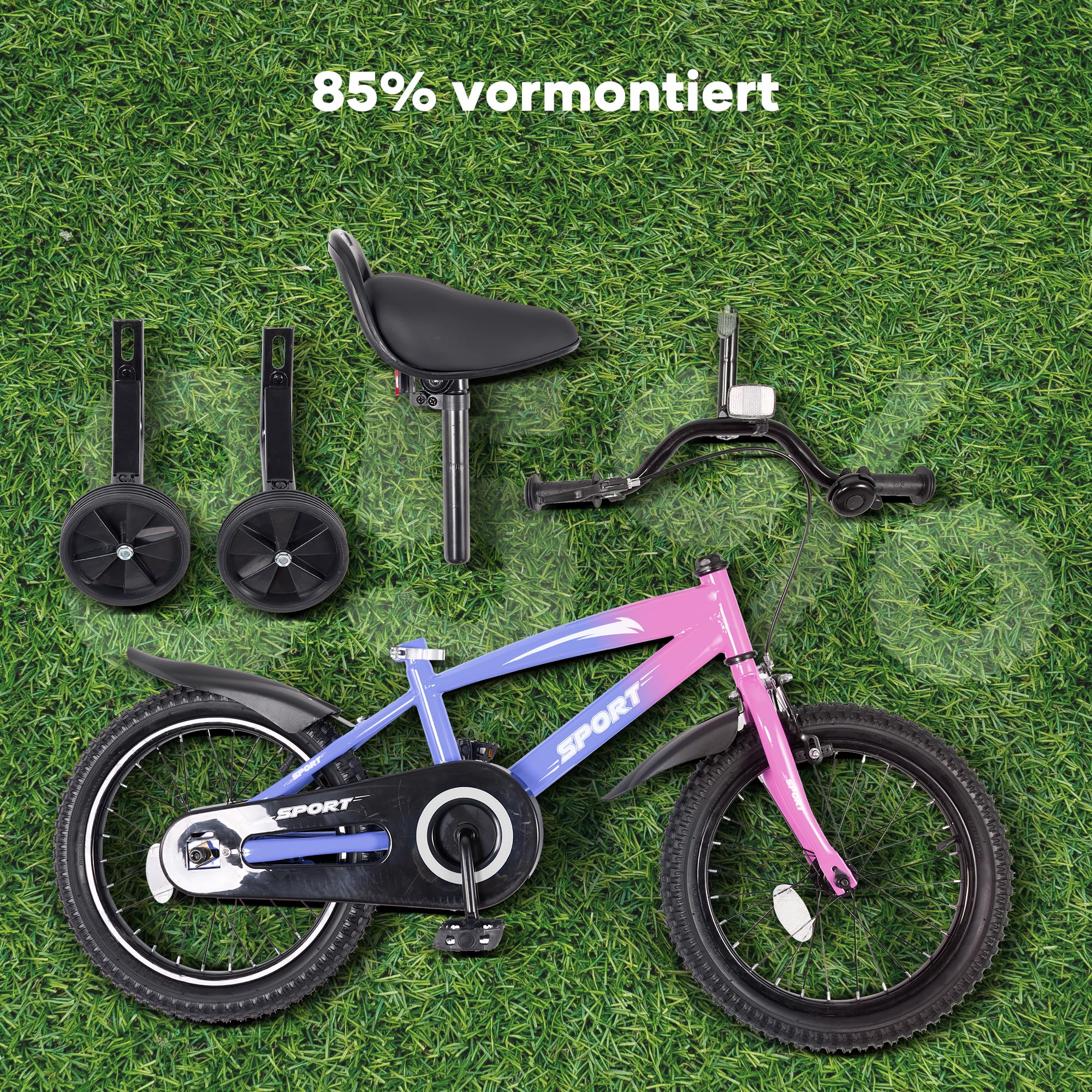 BODIOO Bicicletta per bambini 14 pollici, bicicletta per ragazzi e ragazze con ruote di supporto, telaio stabile, sedile regolabile, freno a contropedale e a mano, adatta per conducenti da 94 a 107 cm