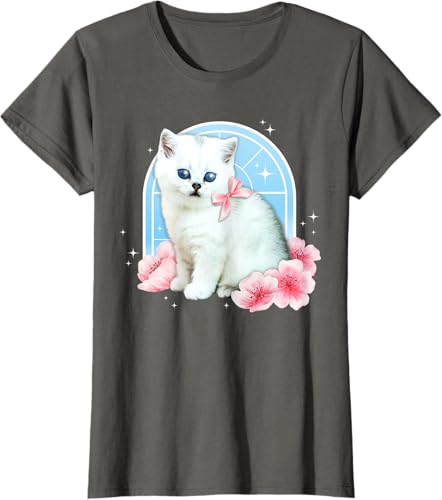 Miniatura 9 de Linda camiseta con diseño de flor de gato estética de los años 90 y 2000, Negro -