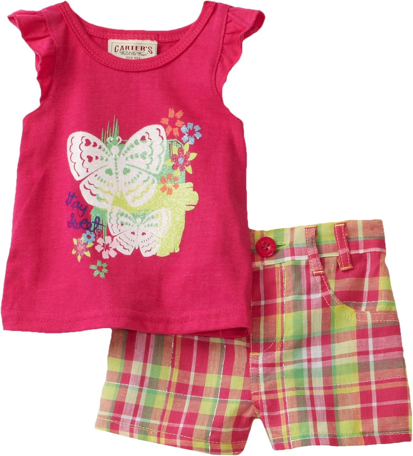 Carters bebé niña mariposas Plaid Short Set, color Rosado, talla 12
