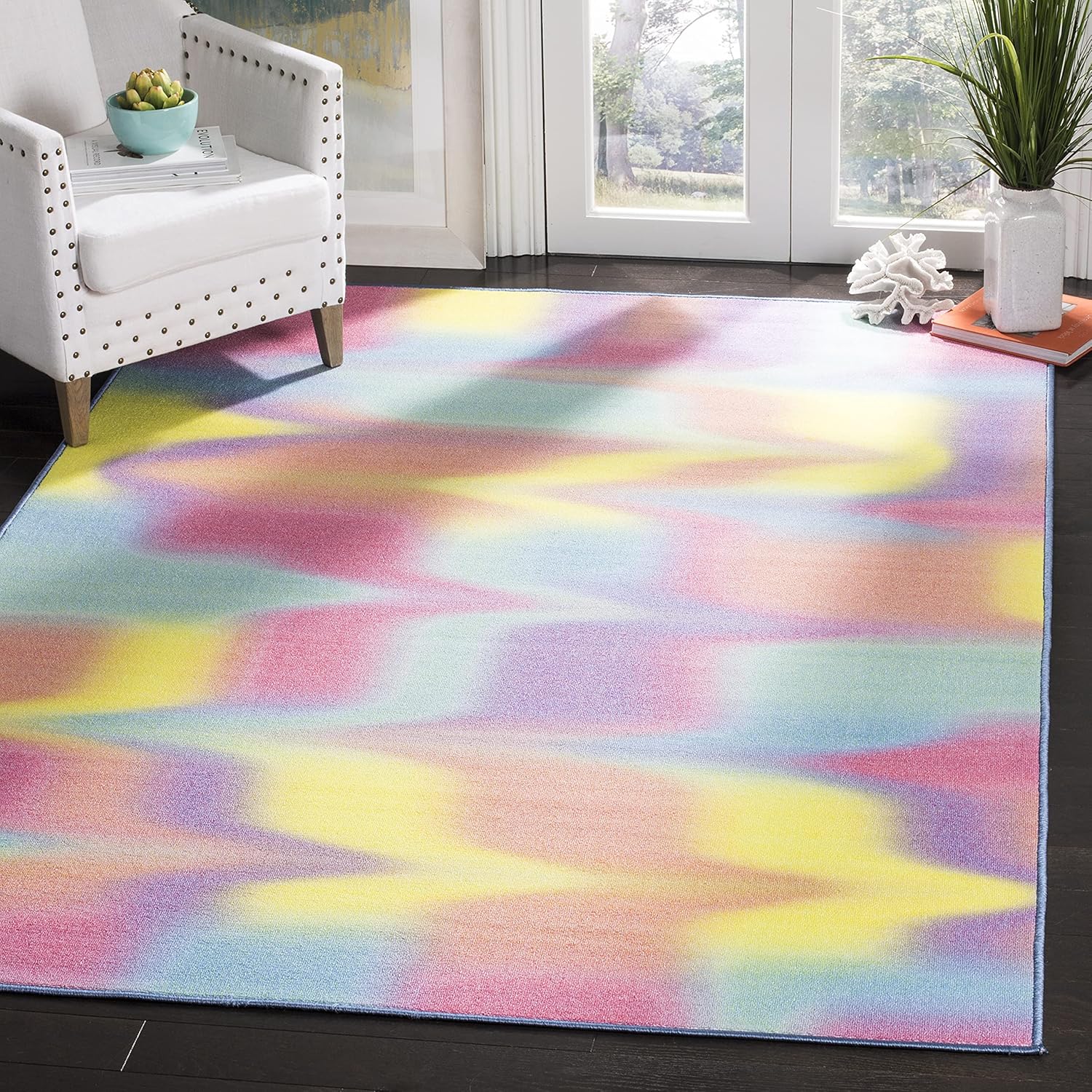 SAFAVIEH Washable Rug Paint Brush Collection - 2'2" x 6' Runner, Fuchsia & Yellow, Slip Resistant & Easy to Clean, Ideal for Living Room, Hallway, Foyer, Nursery, Bedroom, Kids Room (PTB117A)