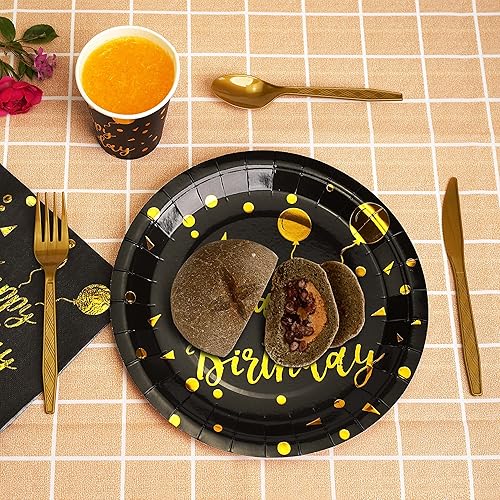 Miniatura 5 de 200 piezas de suministros para fiesta de cumpleaños en negro y dorado, juego de vajilla desechable de feliz cumpleaños, cubiertos de plástico
