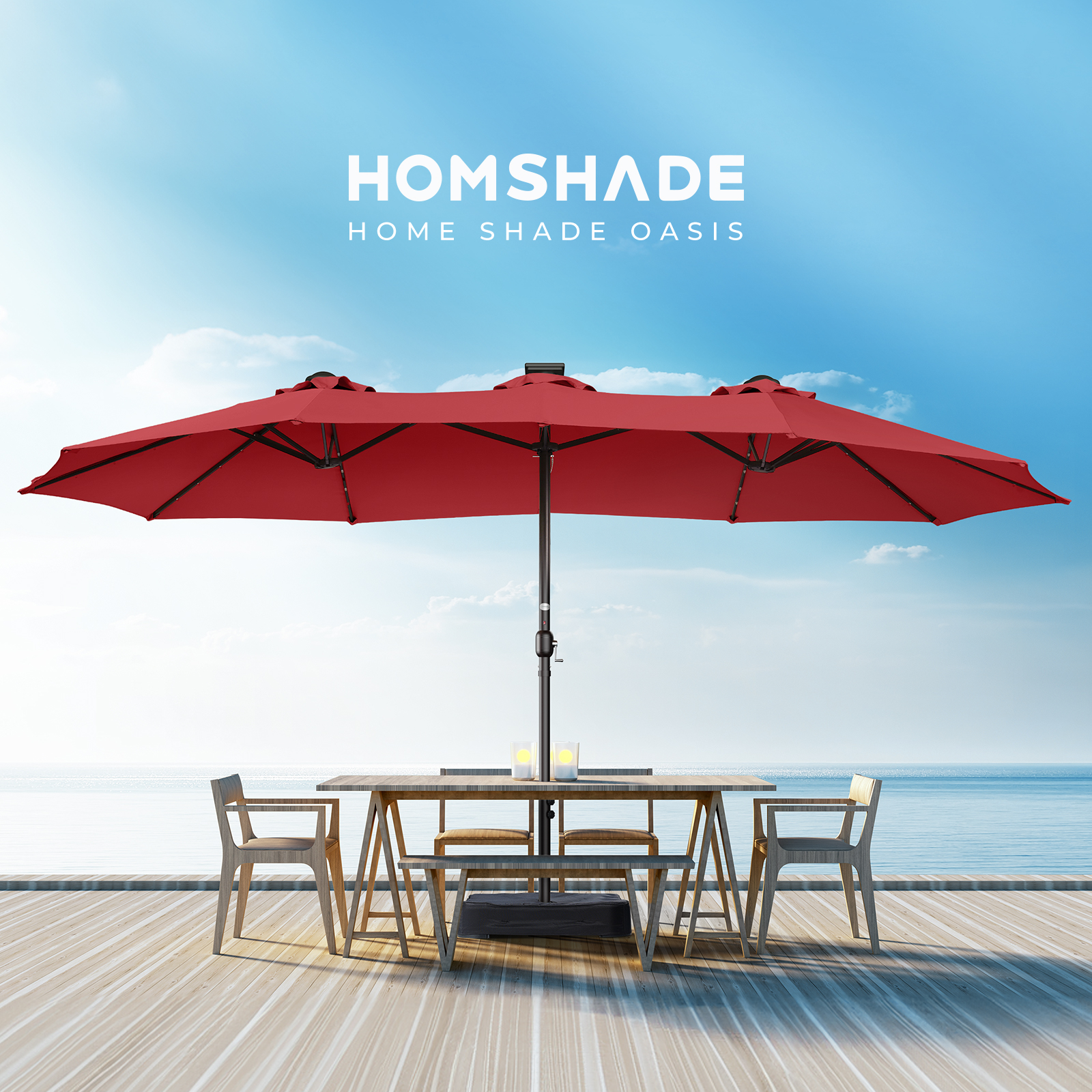 HOMSHADE Double Sided Patio Umbrellas 15ft Solar Lights Lighted Umbrella